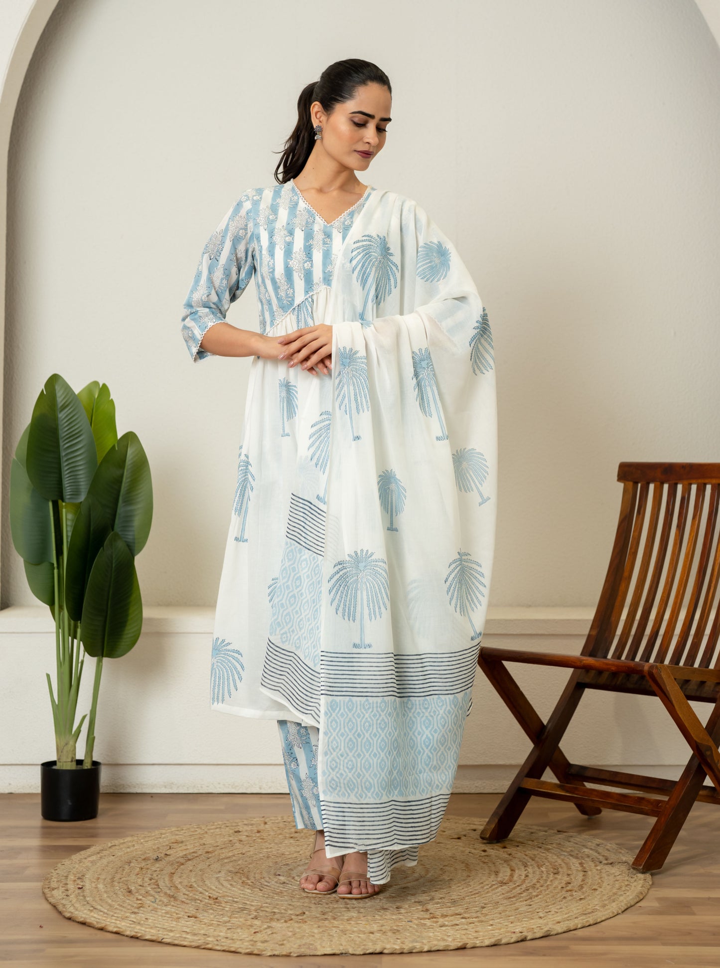 Off White Blue Hand Block Printed Cotton Suit- Set of 3