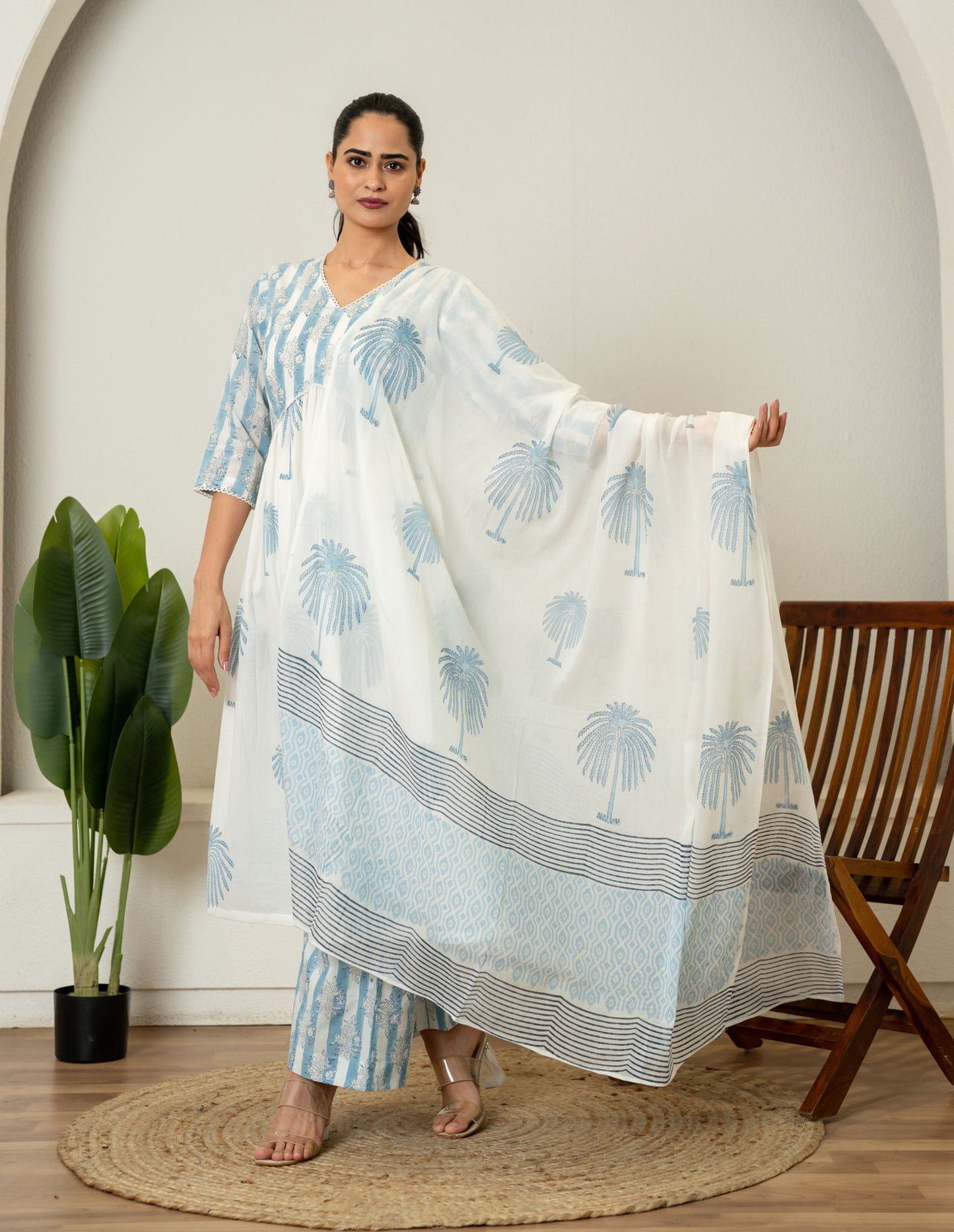 Off White Blue Hand Block Printed Cotton Suit- Set of 3