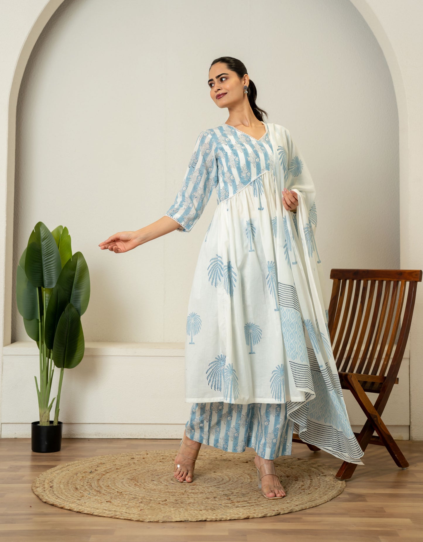 Off White Blue Hand Block Printed Cotton Suit- Set of 3