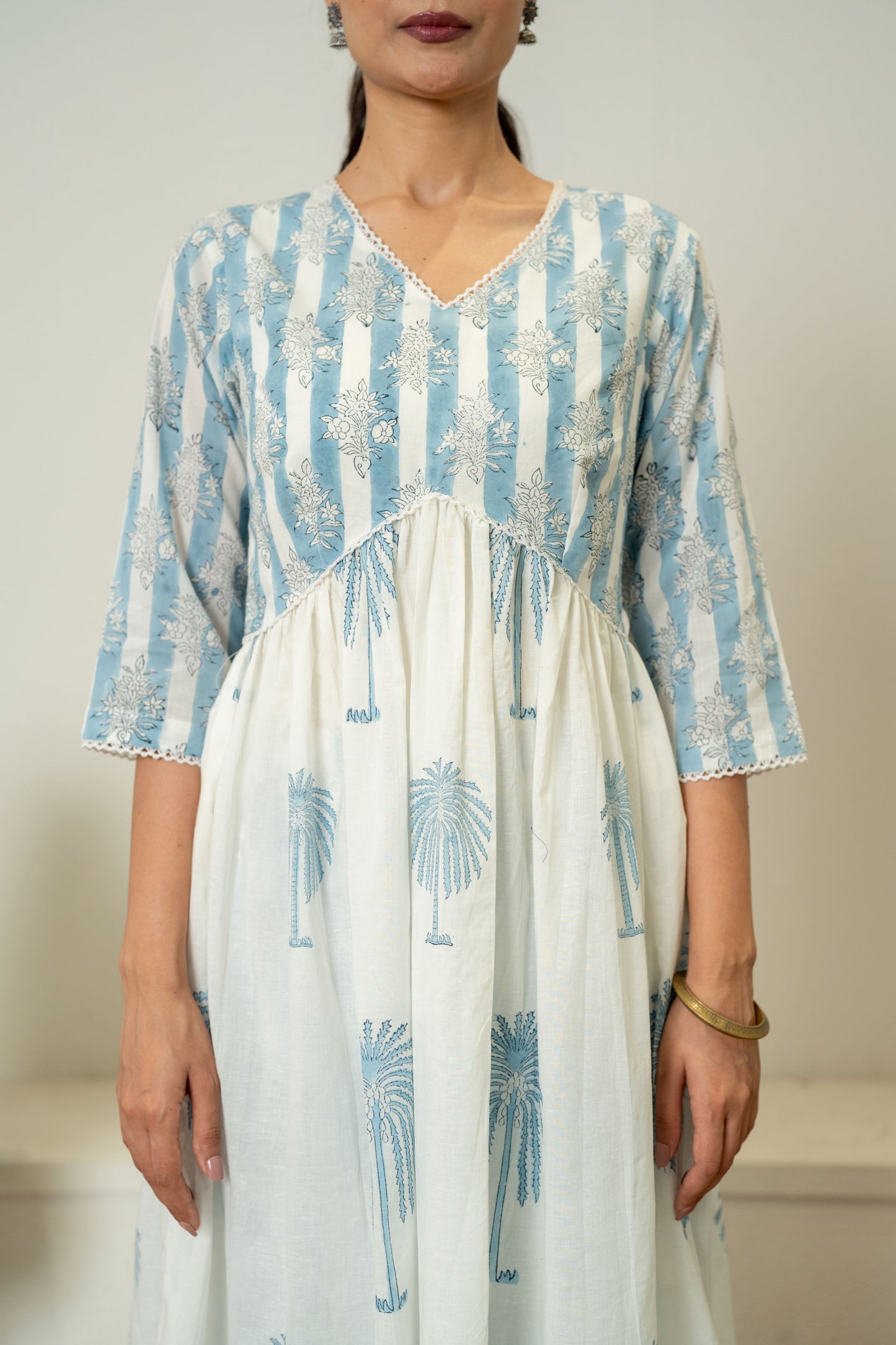 Off White Blue Hand Block Printed Cotton Dress