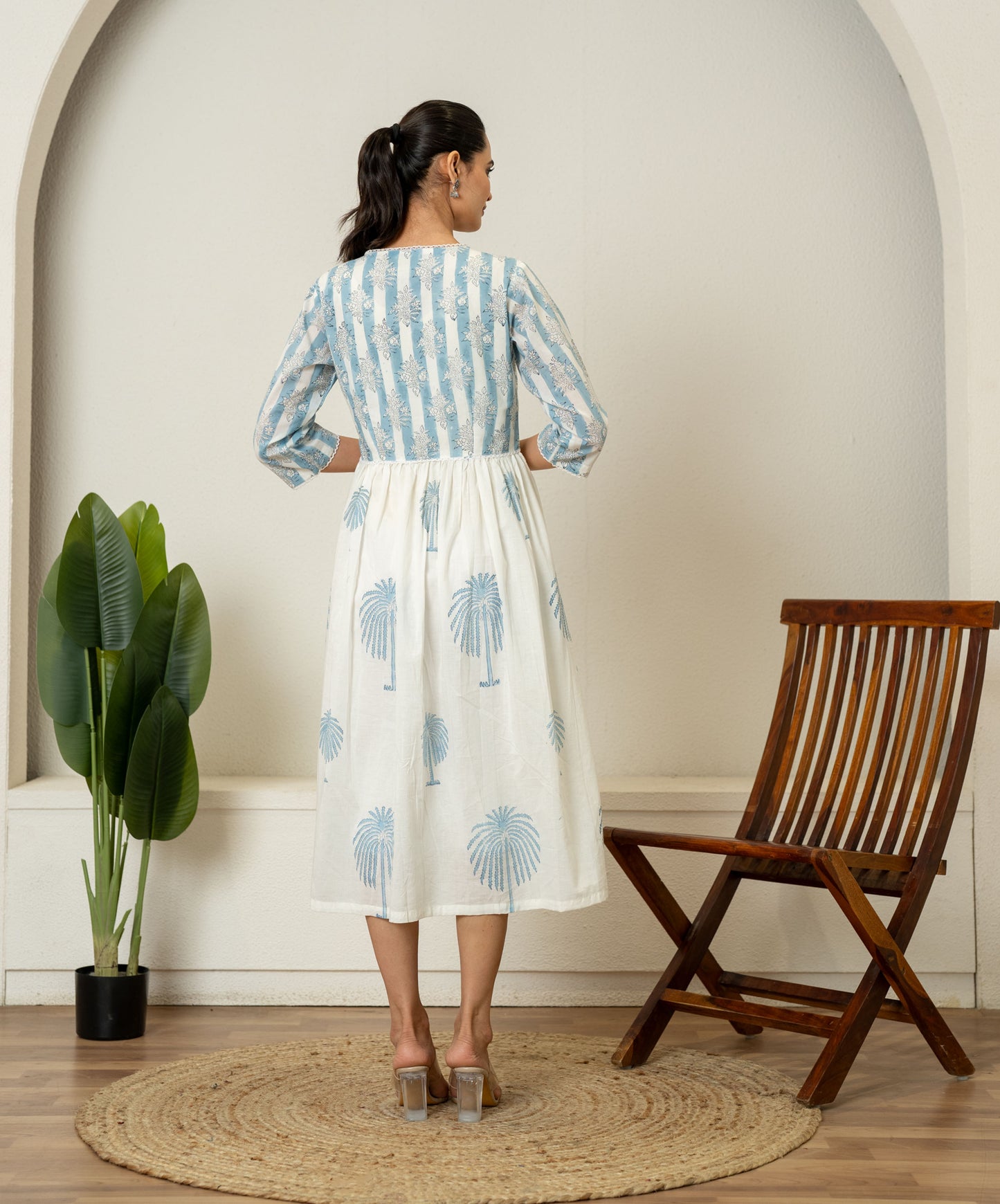 Off White Blue Hand Block Printed Cotton Dress