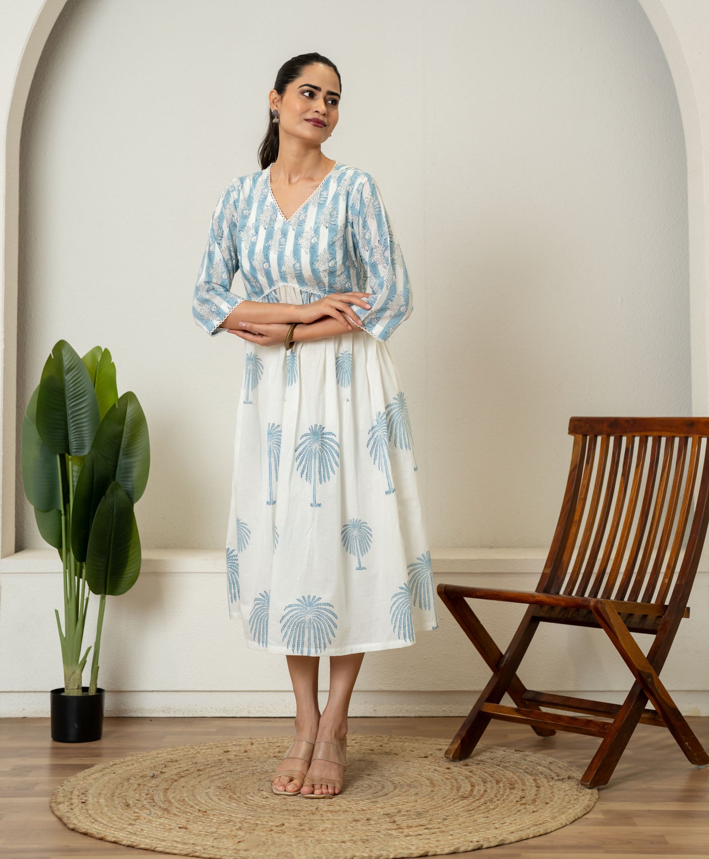 Off White Blue Hand Block Printed Cotton Dress