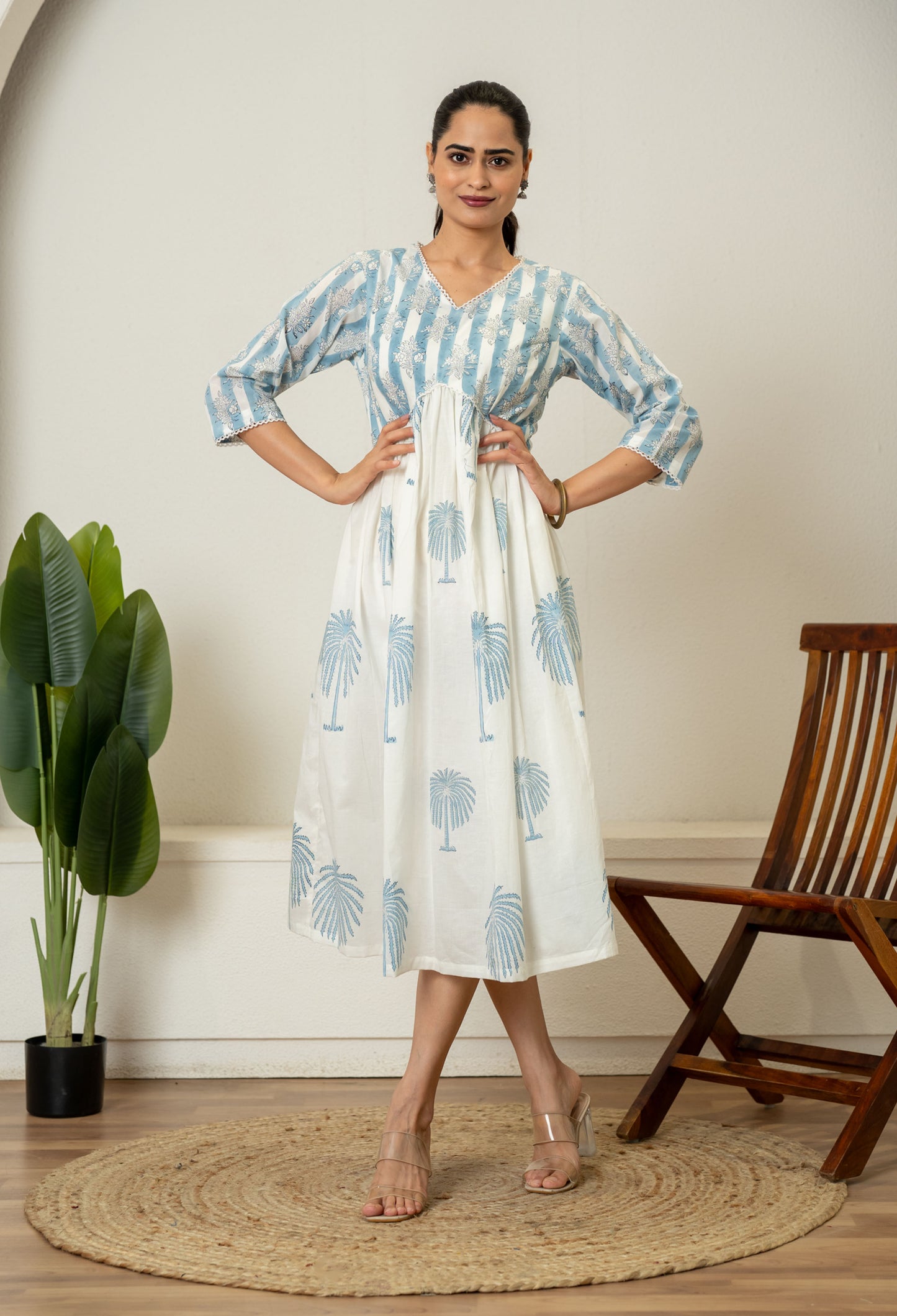 Off White Blue Hand Block Printed Cotton Dress
