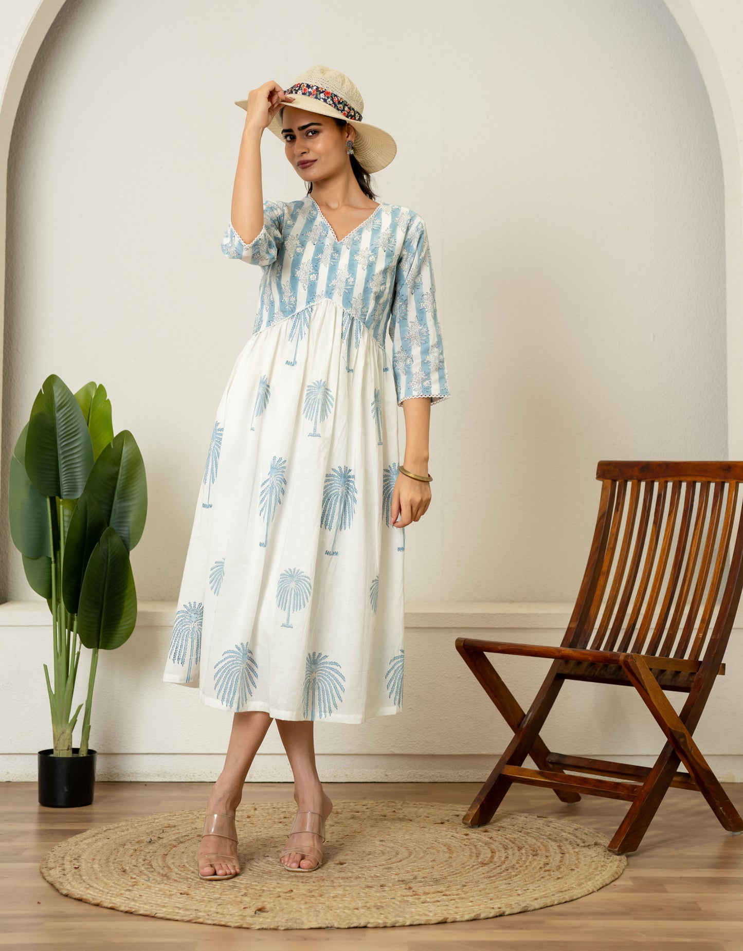 Off White Blue Hand Block Printed Cotton Dress