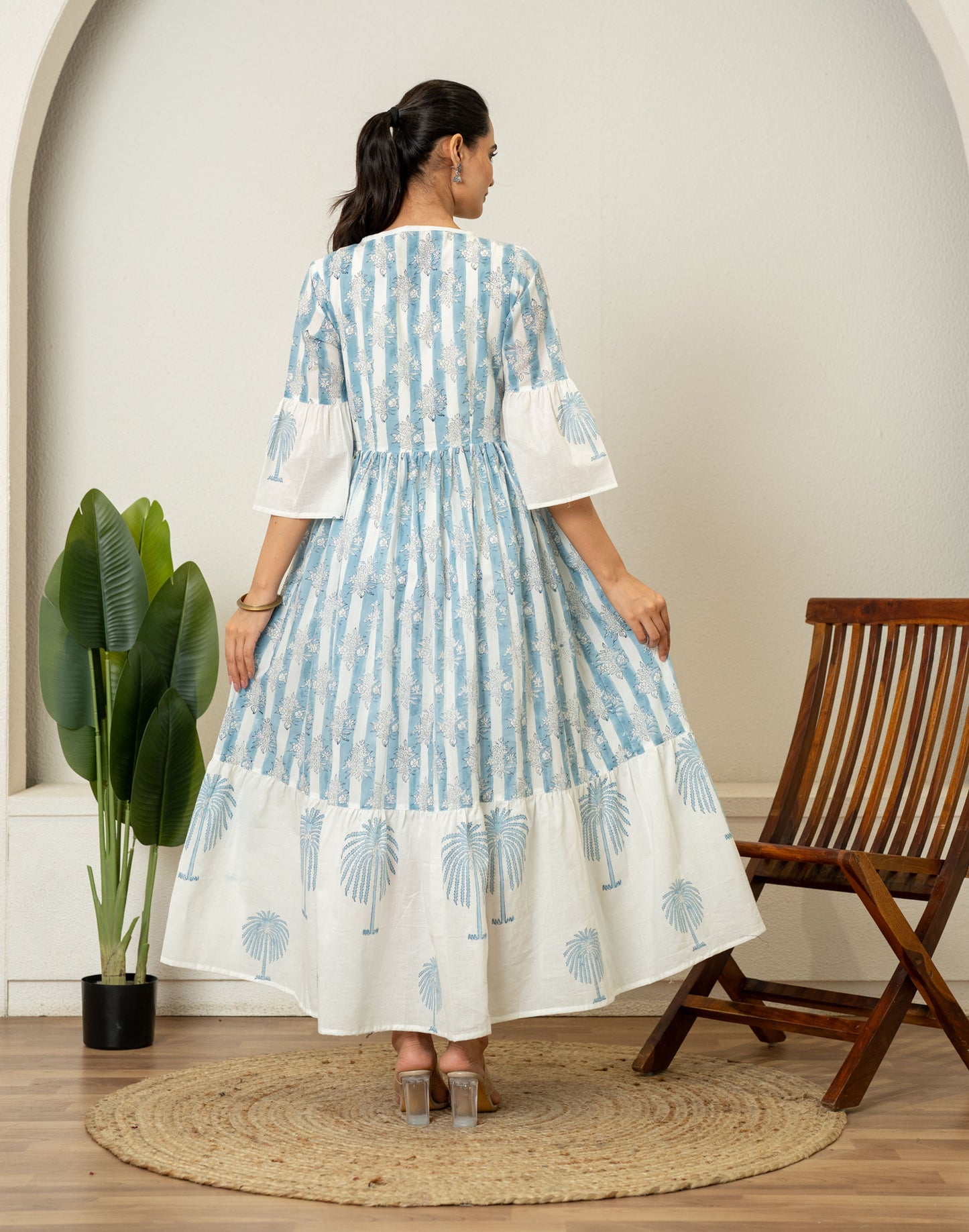 Off White Blue Hand Block Printed Cotton Dress