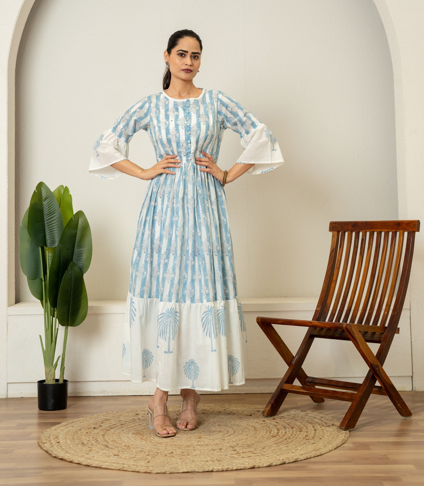Off White Blue Hand Block Printed Cotton Dress