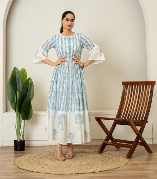 Off White Blue Hand Block Printed Cotton Dress