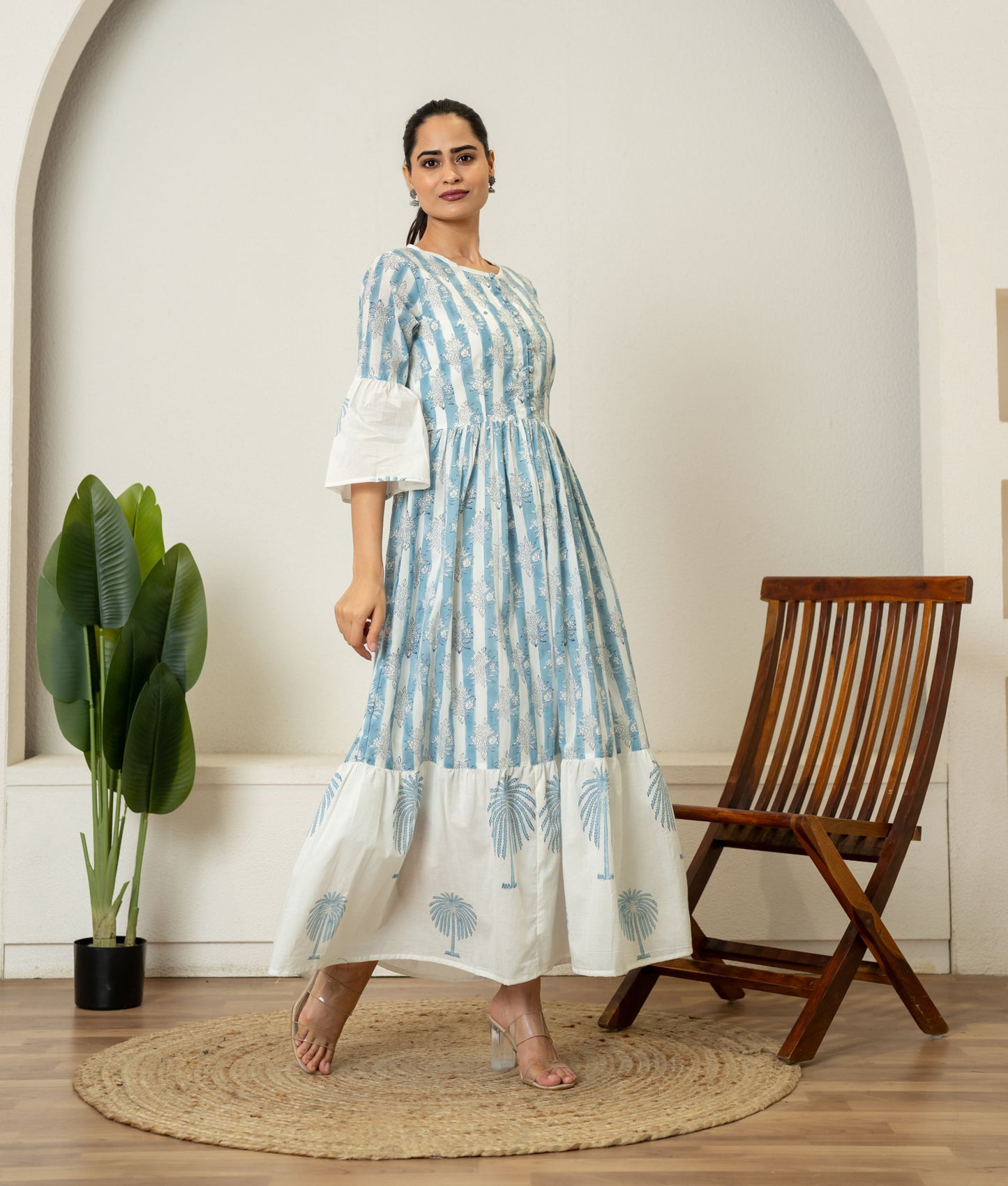Off White Blue Hand Block Printed Cotton Dress