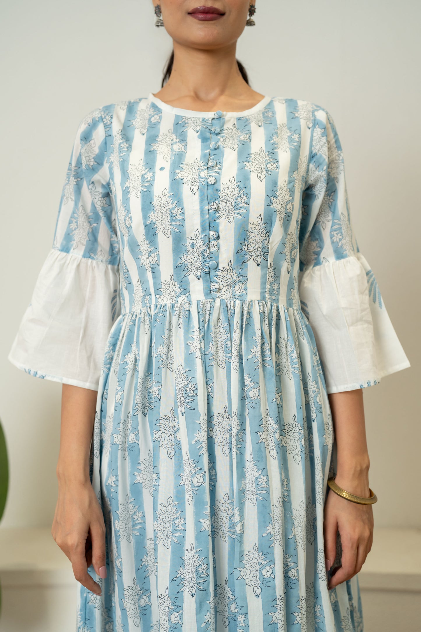 Off White Blue Hand Block Printed Cotton Dress