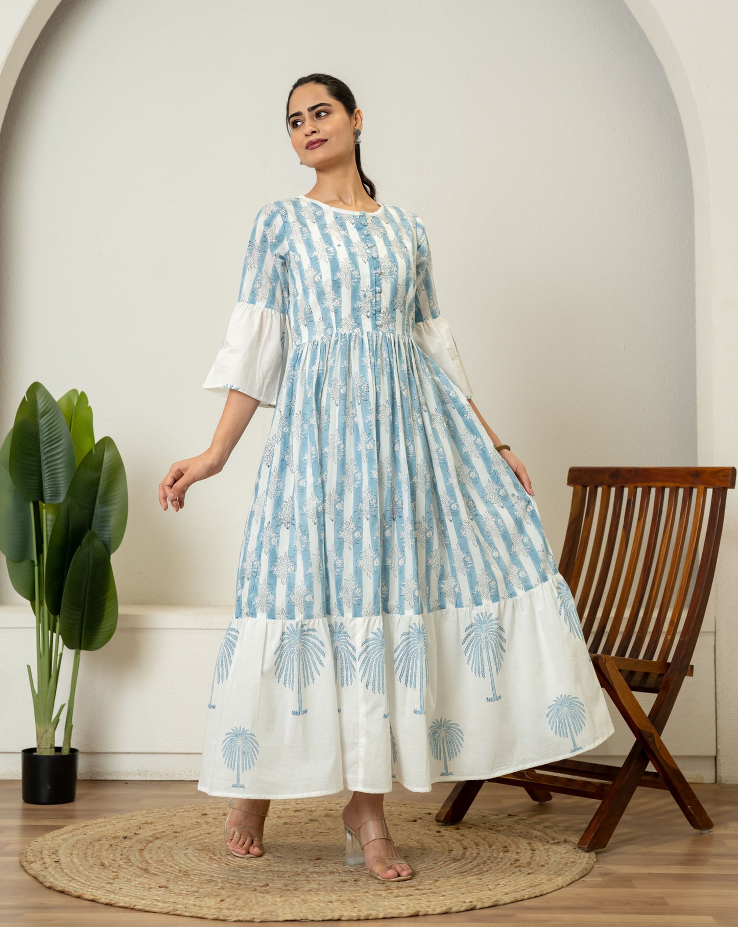 Off White Blue Hand Block Printed Cotton Dress