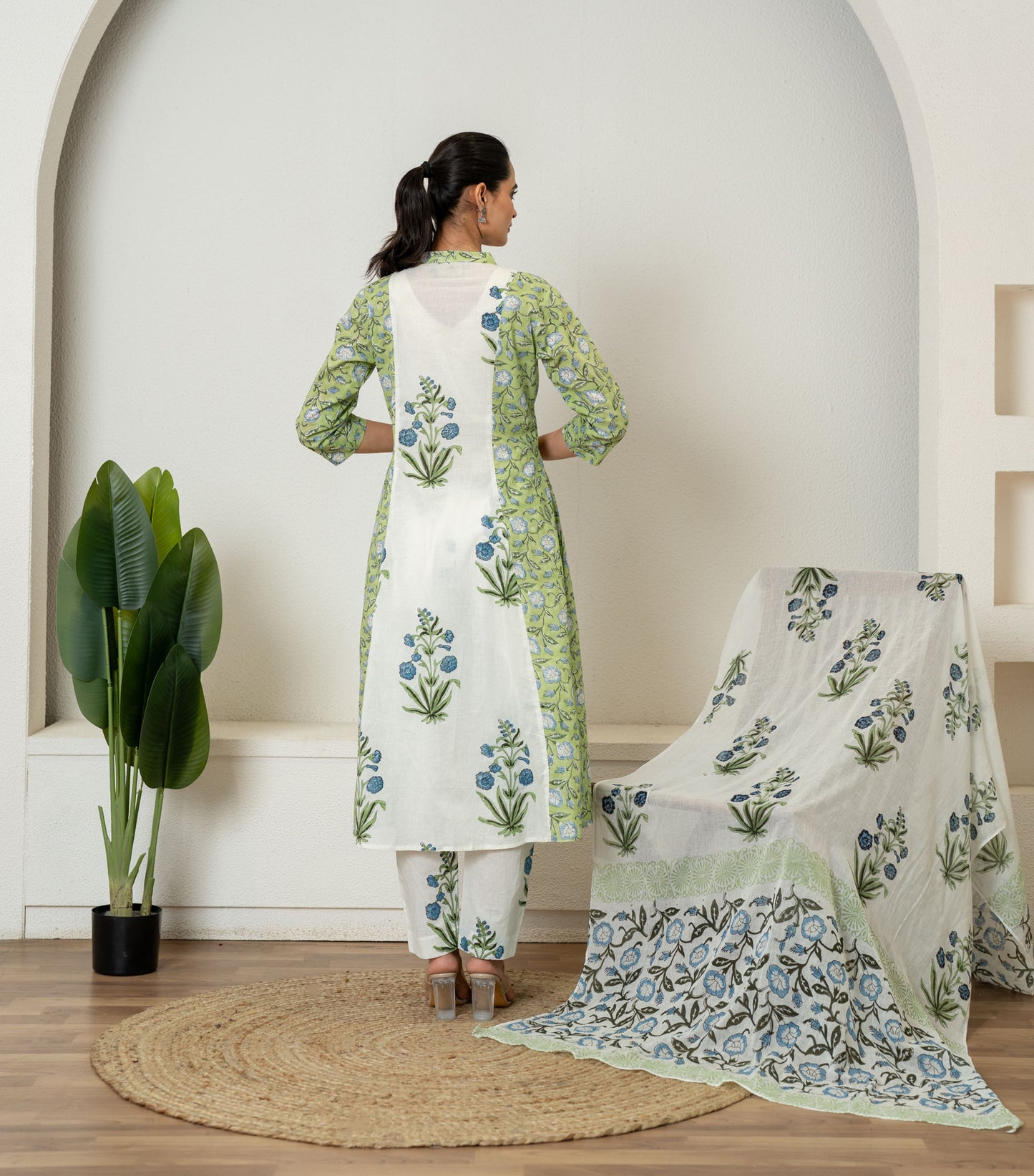 Green Hand Block Printed Cotton Suit- Set of 3