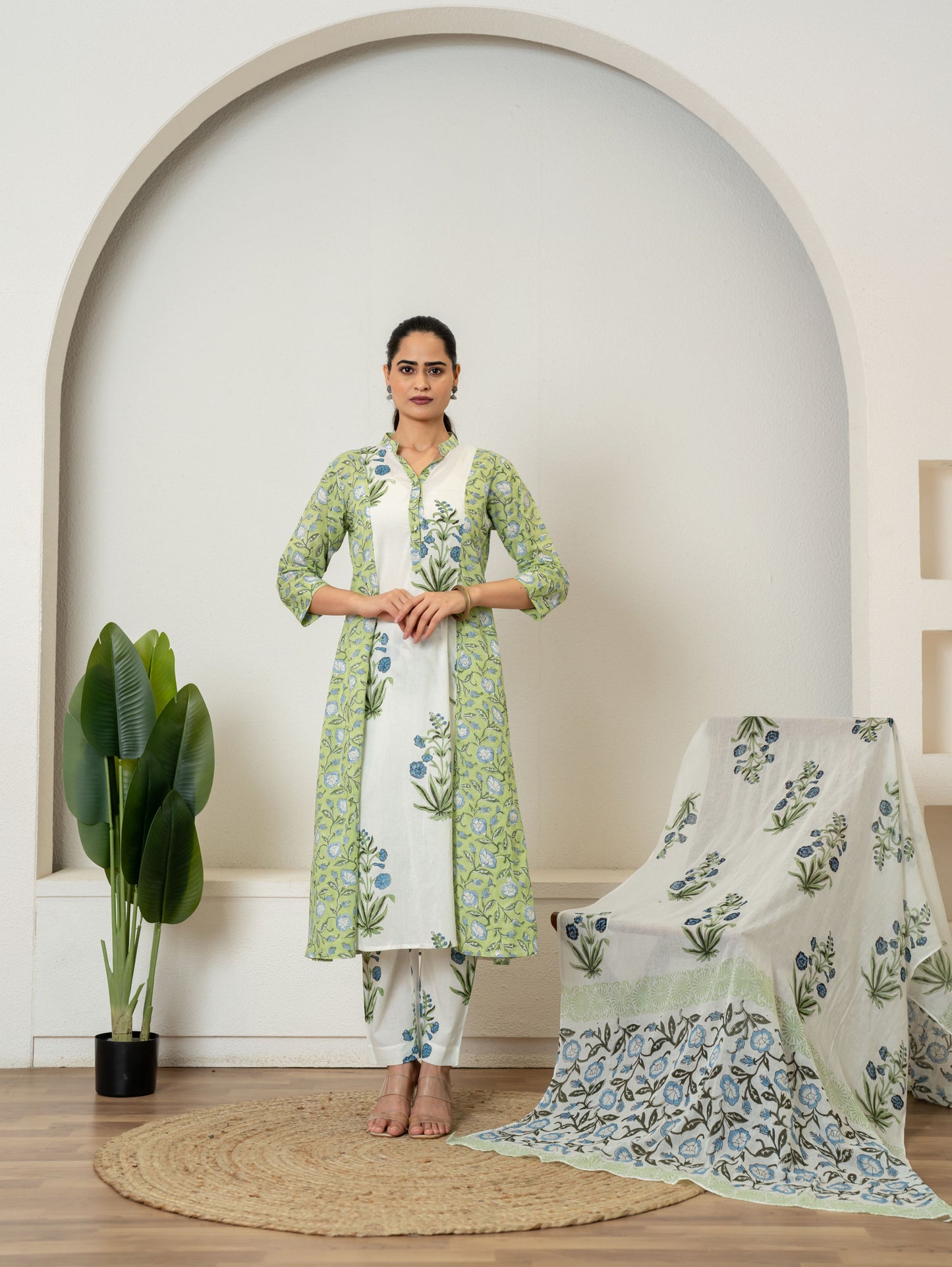 Green Hand Block Printed Cotton Suit- Set of 3