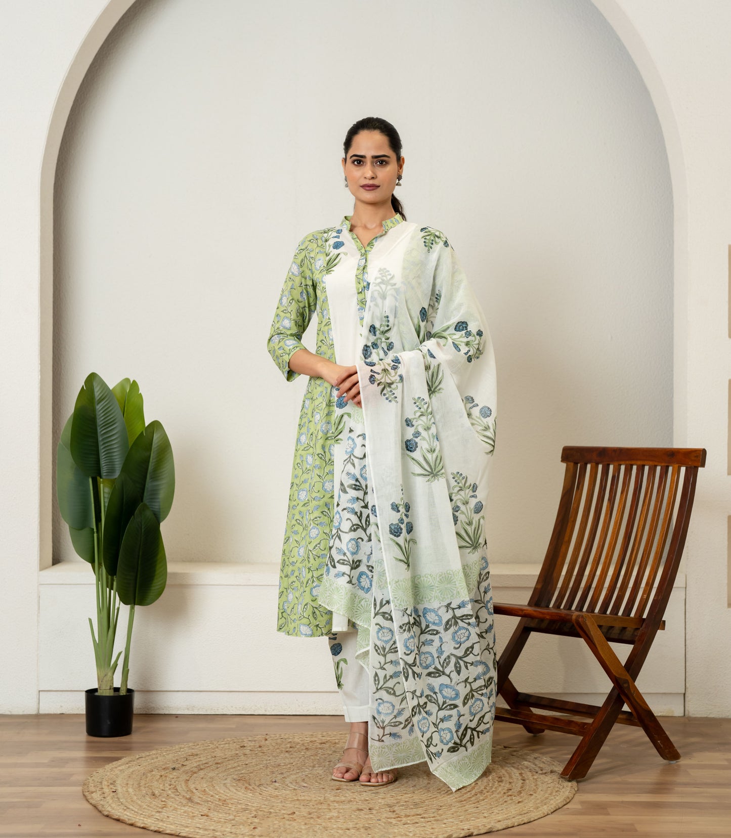 Green Hand Block Printed Cotton Suit- Set of 3
