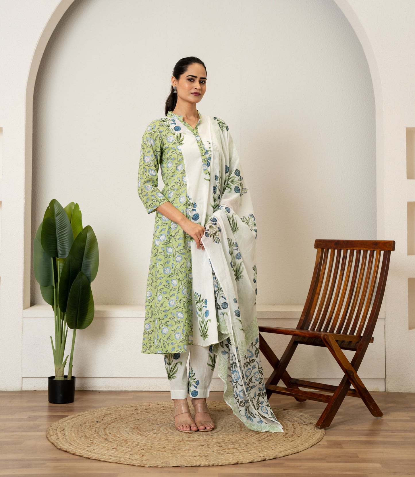 Green Hand Block Printed Cotton Suit- Set of 3