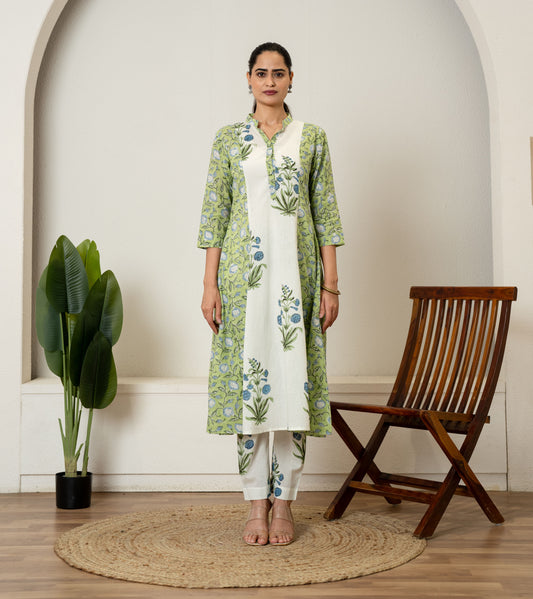 Green Off White Hand Block Printed Cotton Kurta with Pants- Set of 2