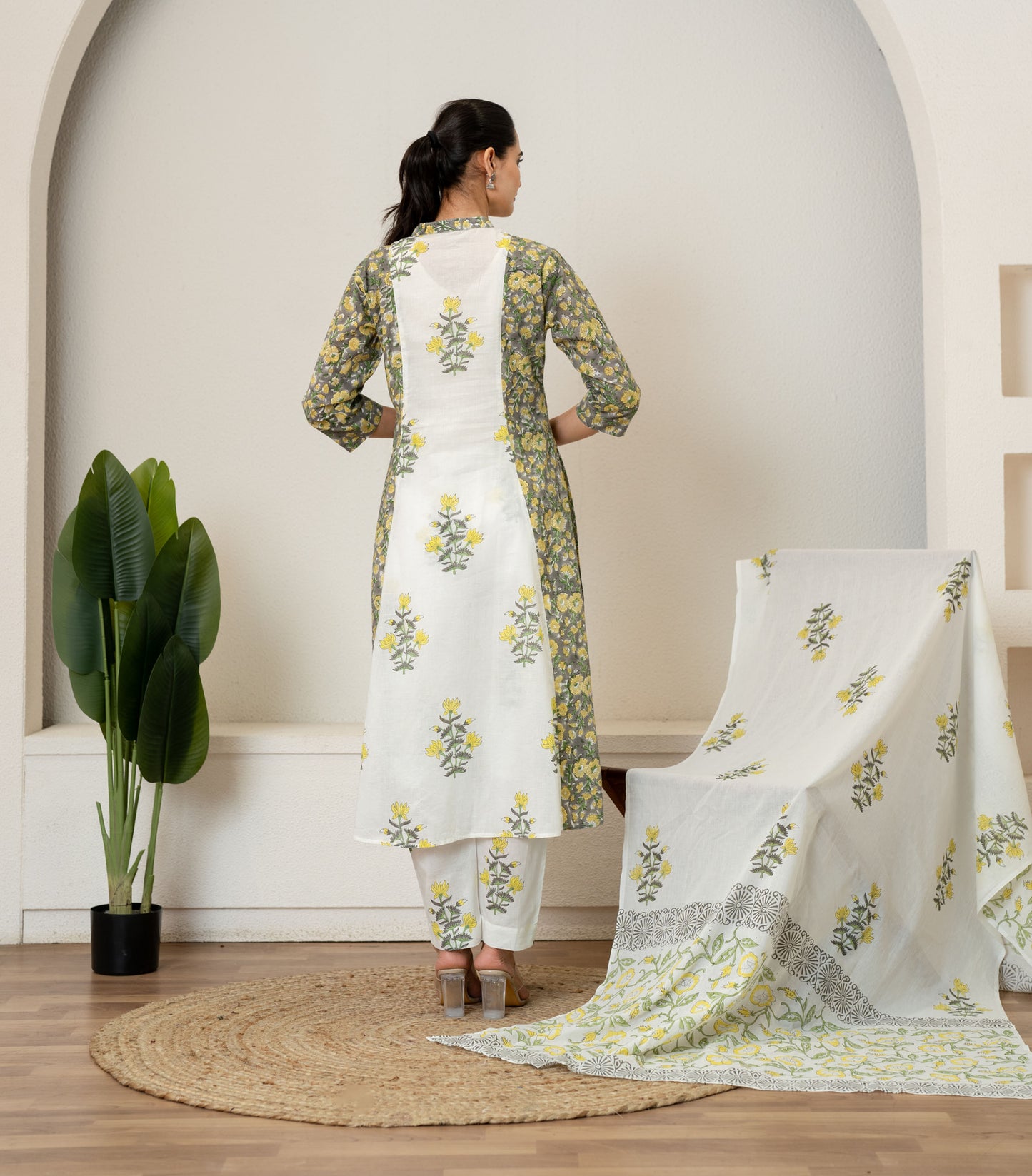 Off White Green Hand Block Printed Cotton Suit- Set of 3