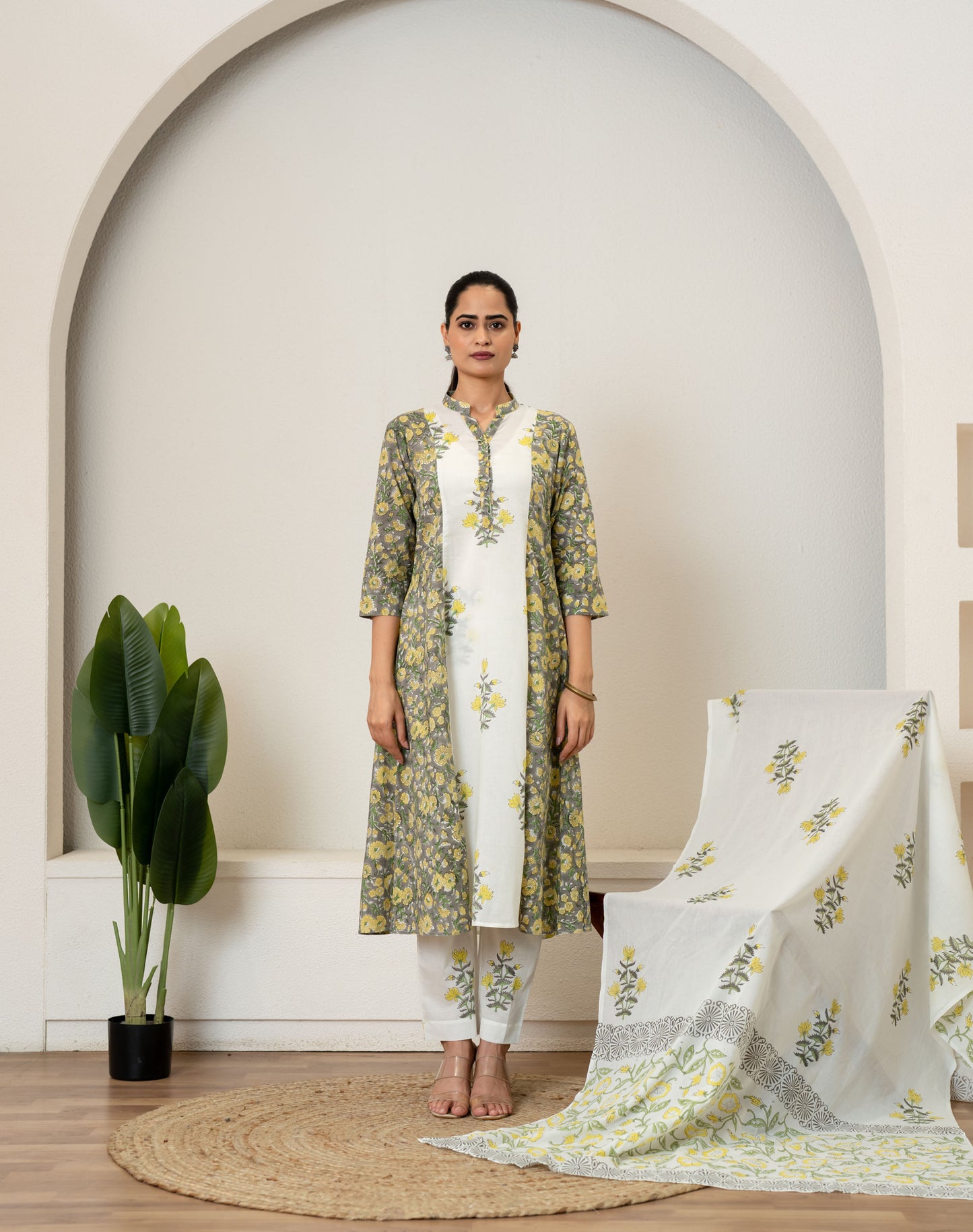 Off White Green Hand Block Printed Cotton Suit- Set of 3