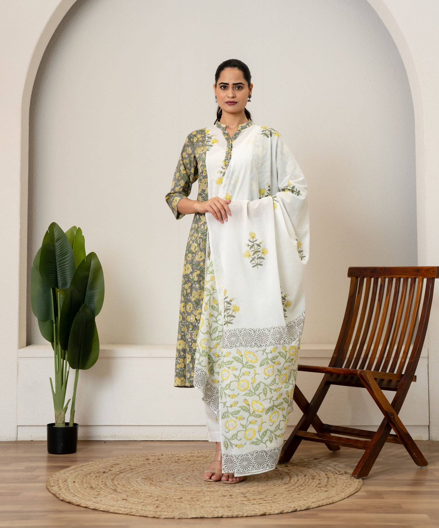 Off White Green Hand Block Printed Cotton Suit- Set of 3
