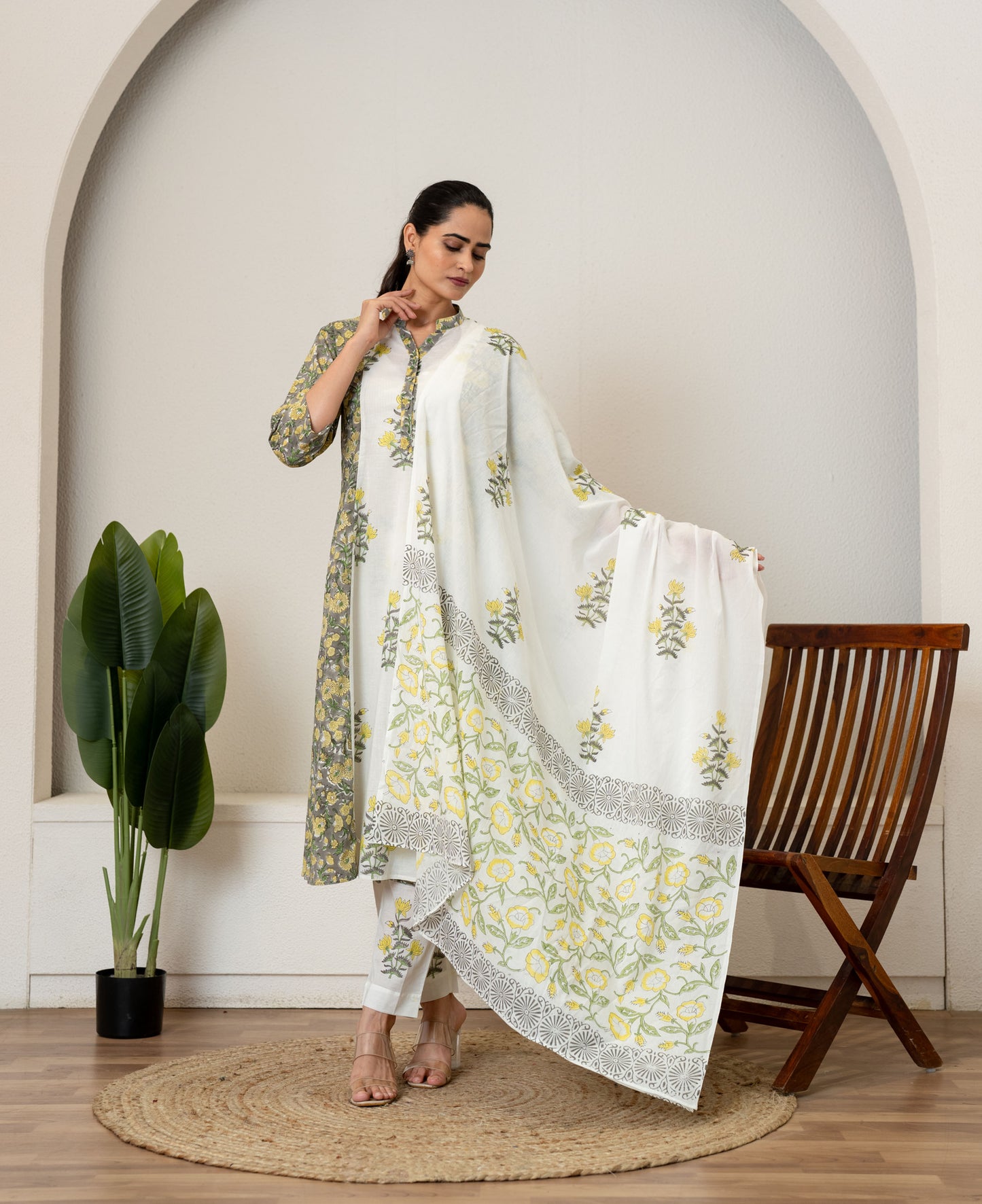 Off White Green Hand Block Printed Cotton Suit- Set of 3