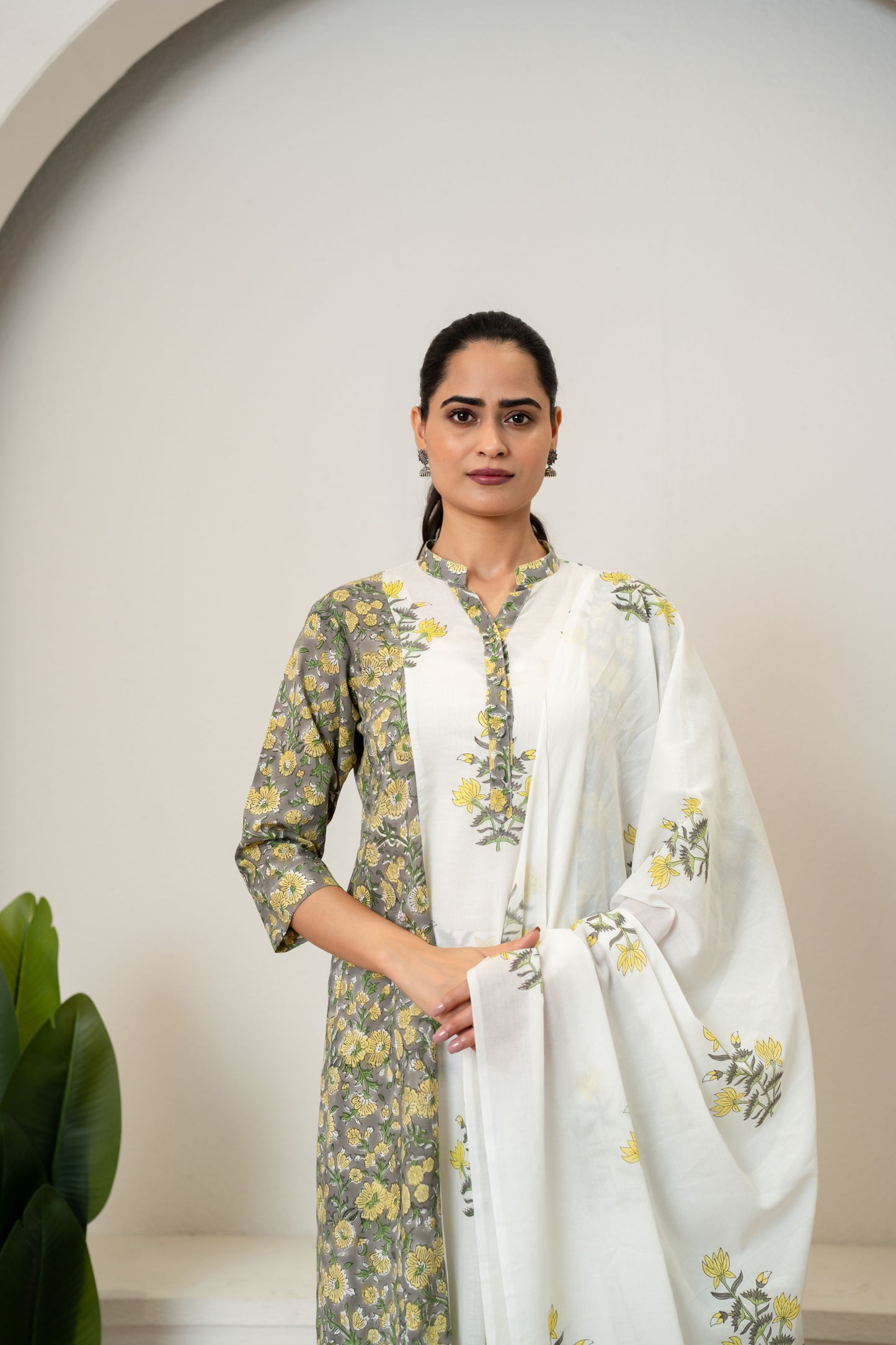 Off White Green Hand Block Printed Cotton Suit- Set of 3