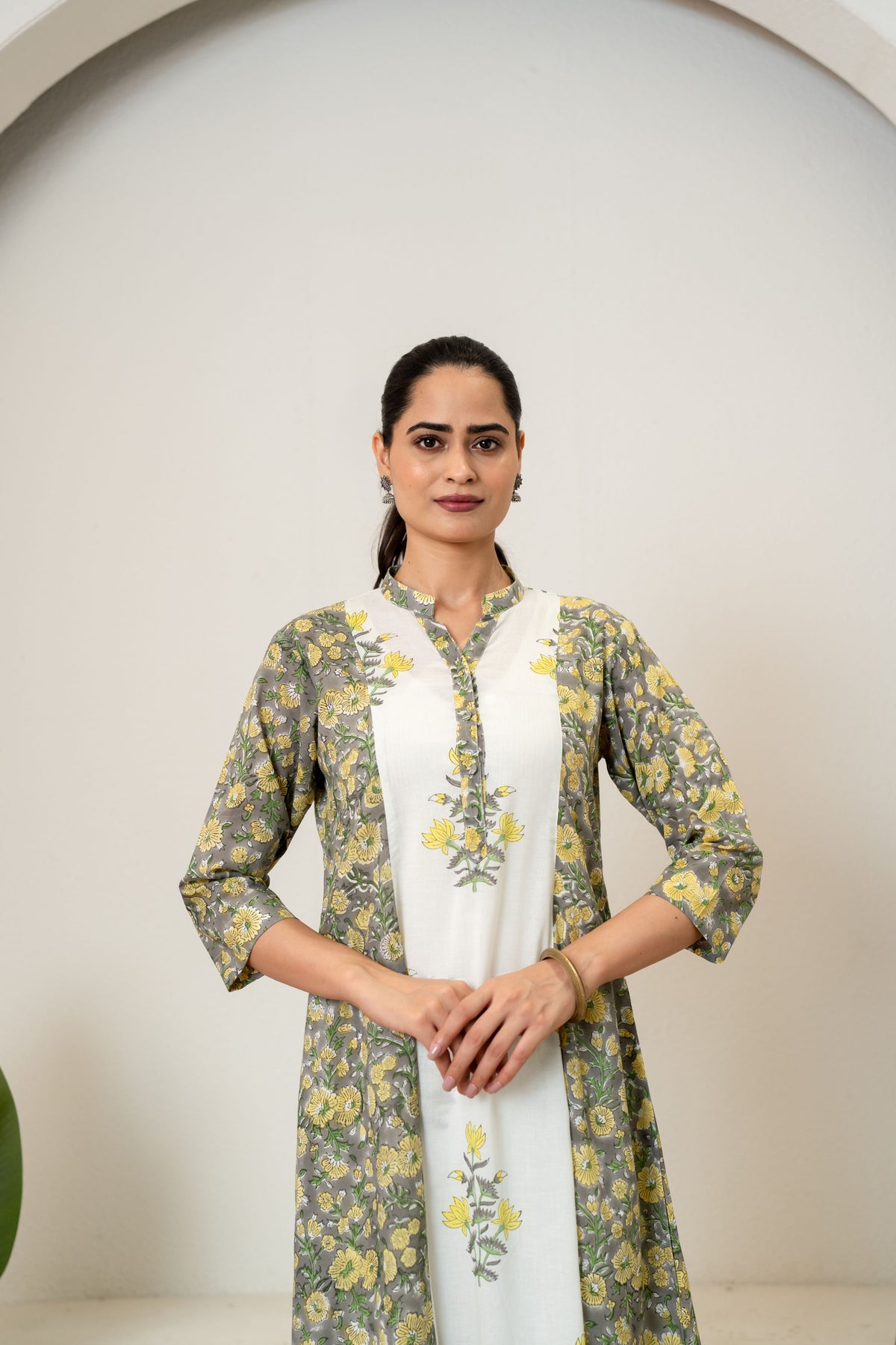 Off White Green Hand Block Printed Cotton Kurta with Pants- Set of 2