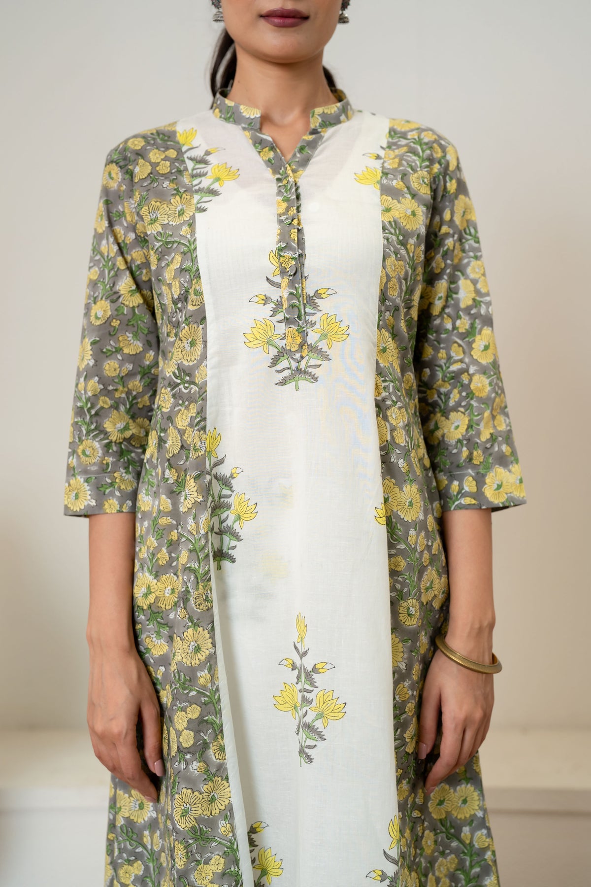 Off White Green Hand Block Printed Cotton Kurta with Pants- Set of 2