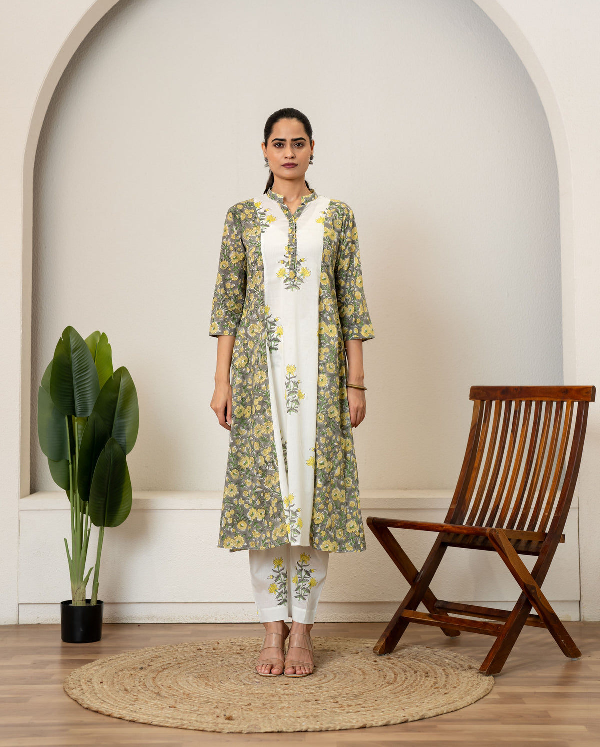 Off White Green Hand Block Printed Cotton Kurta with Pants- Set of 2