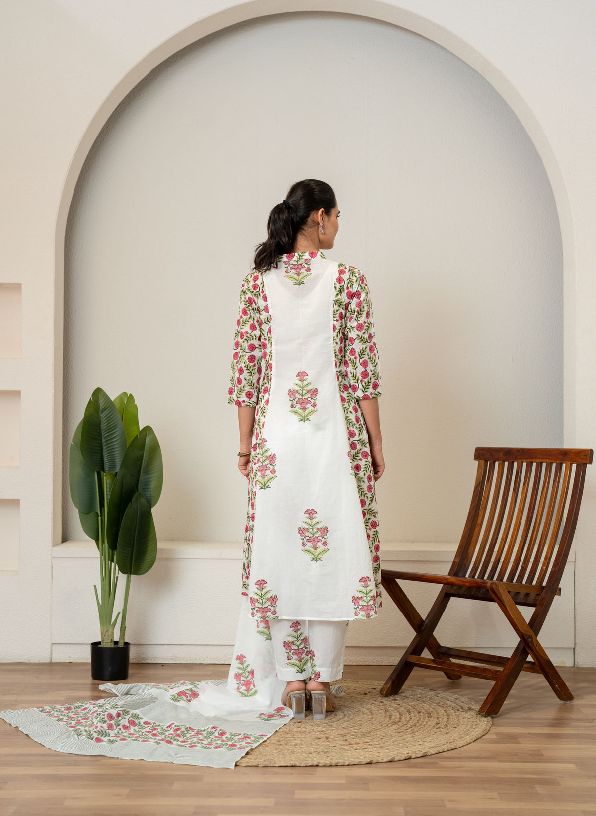 Off White Red Hand Block Printed Cotton Suit- Set of 3