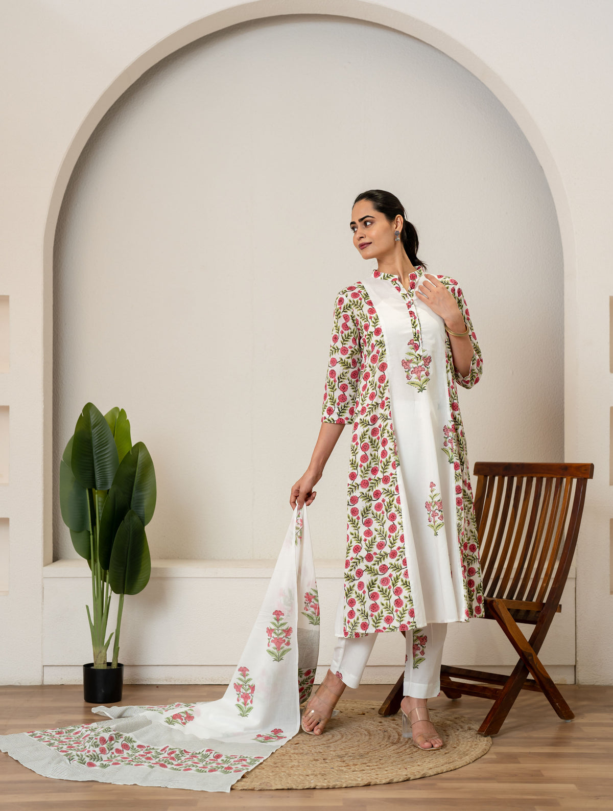 Off White Red Hand Block Printed Cotton Suit- Set of 3