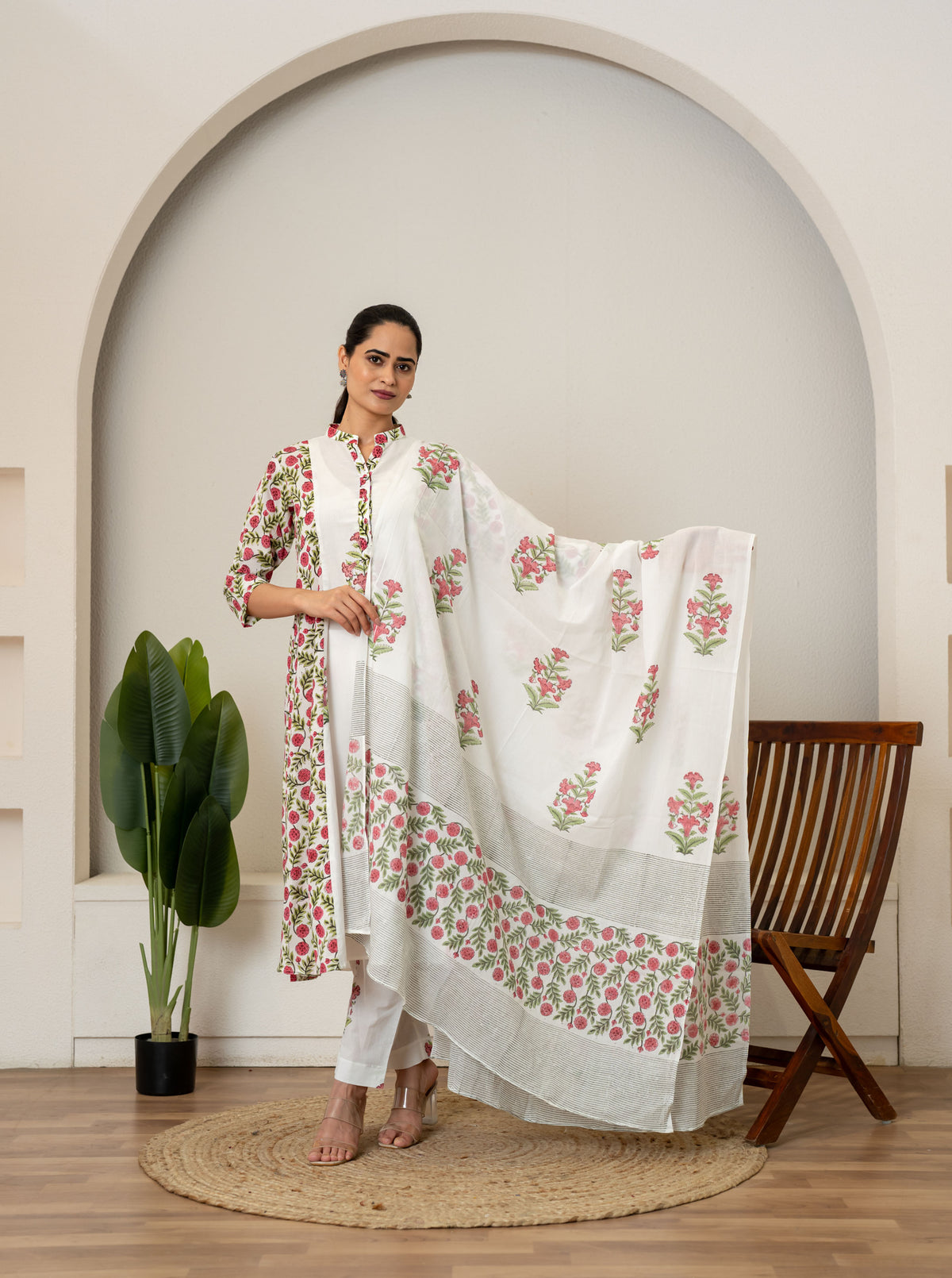 Off White Red Hand Block Printed Cotton Suit- Set of 3