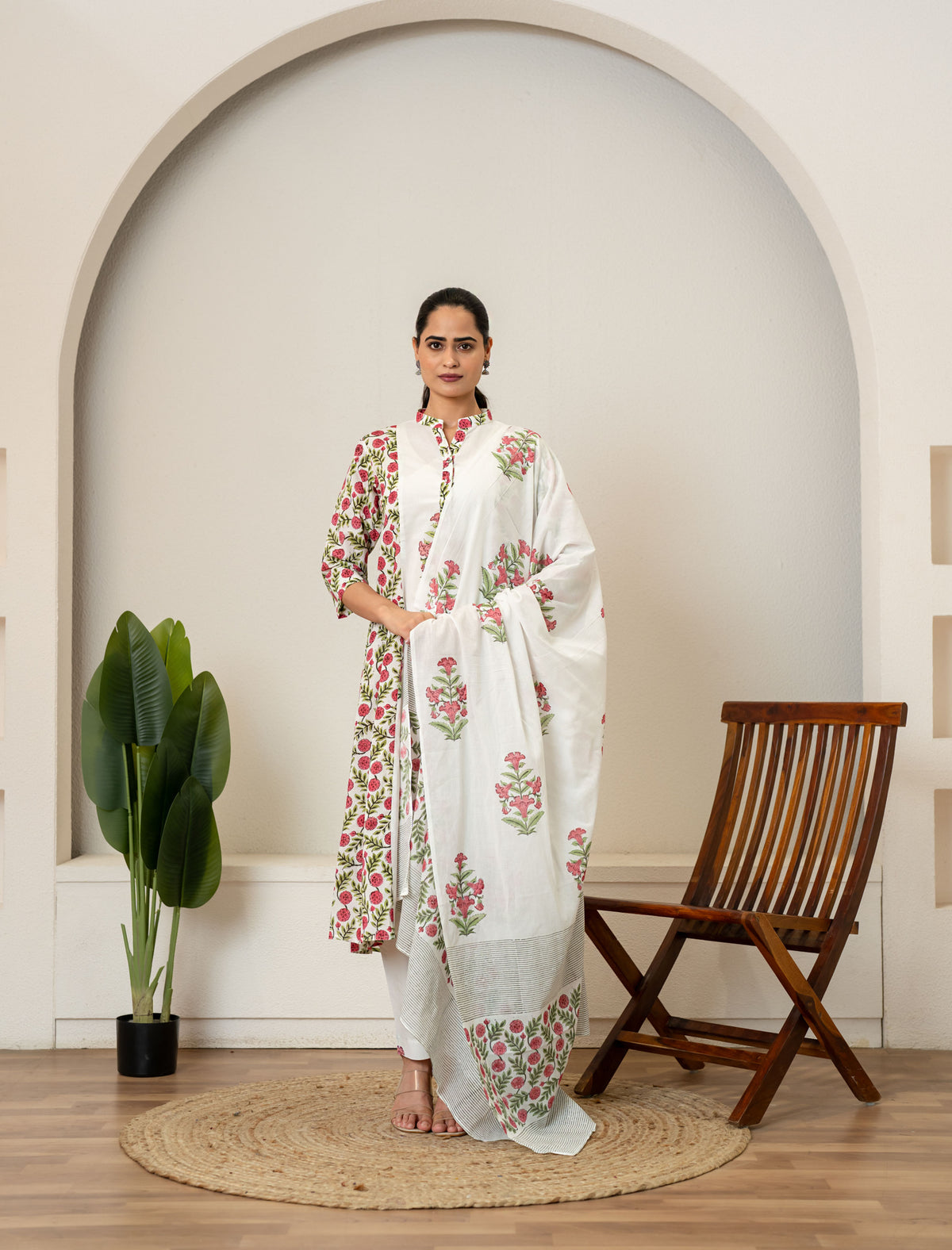 Off White Red Hand Block Printed Cotton Suit- Set of 3