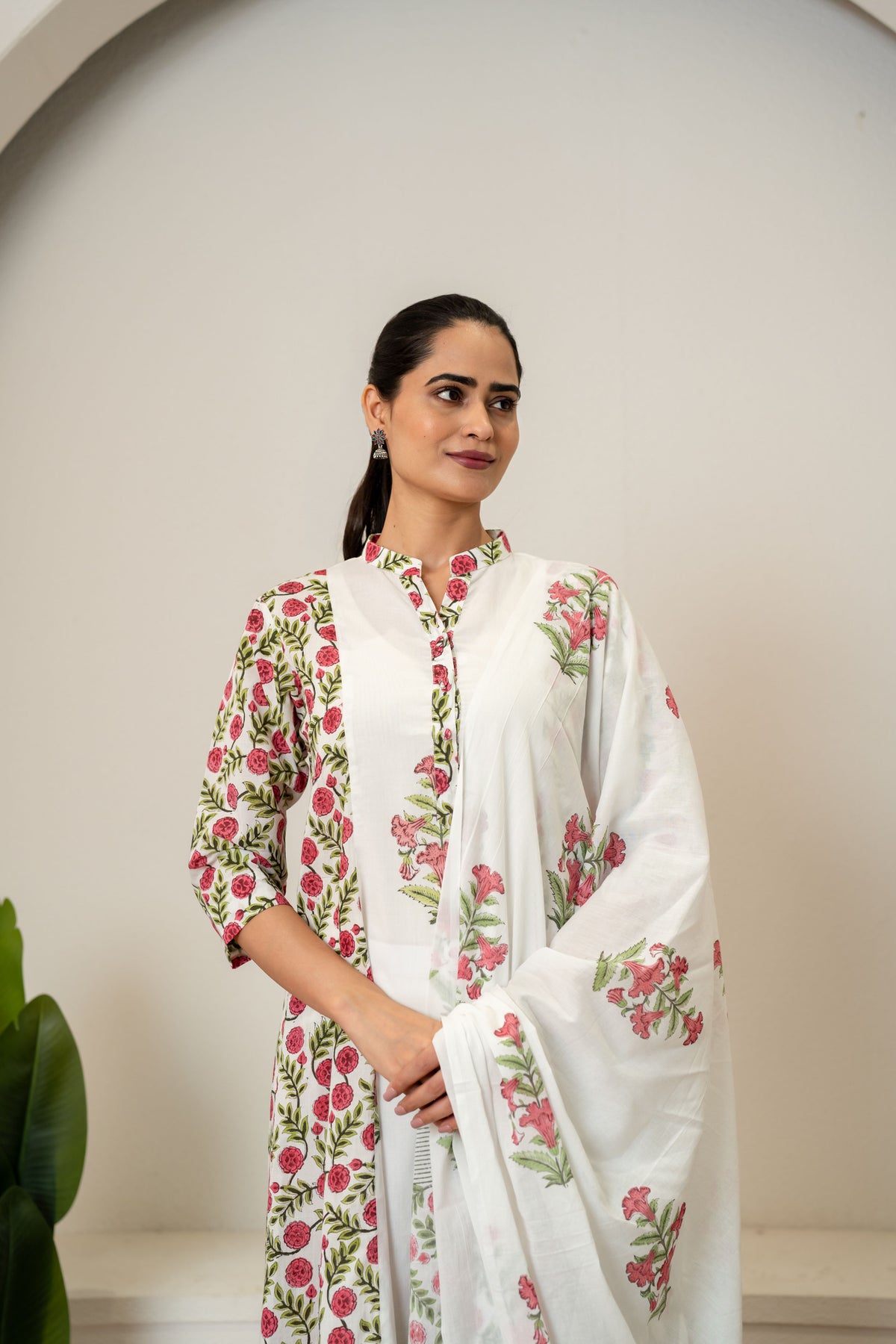 Off White Red Hand Block Printed Cotton Suit- Set of 3