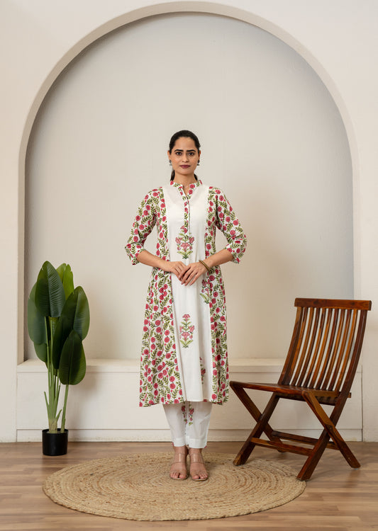 Off White Red Hand Block Printed Cotton Kurta with Pants- Set of 2