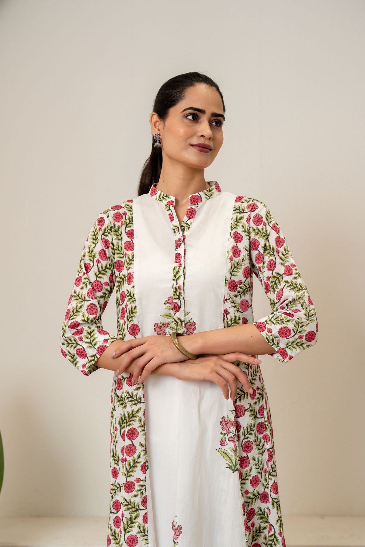 Off White Red Hand Block Printed Cotton Kurta with Pants- Set of 2