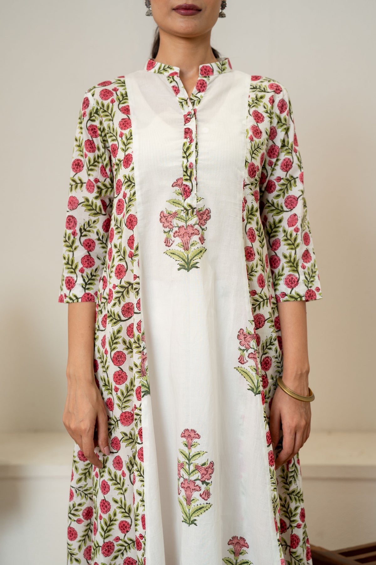 Off White Red Hand Block Printed Cotton Kurta with Pants- Set of 2