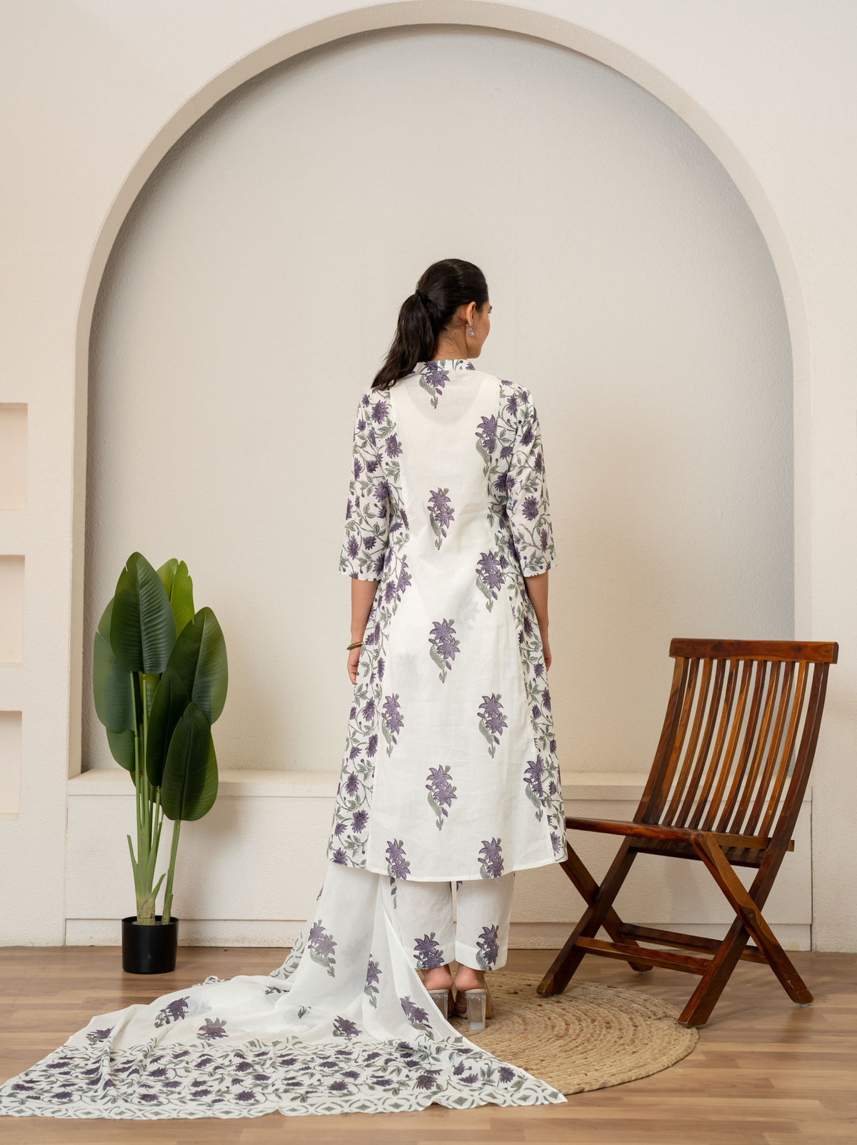 Off White Lavender Hand Block Printed Cotton Suit- Set of 3