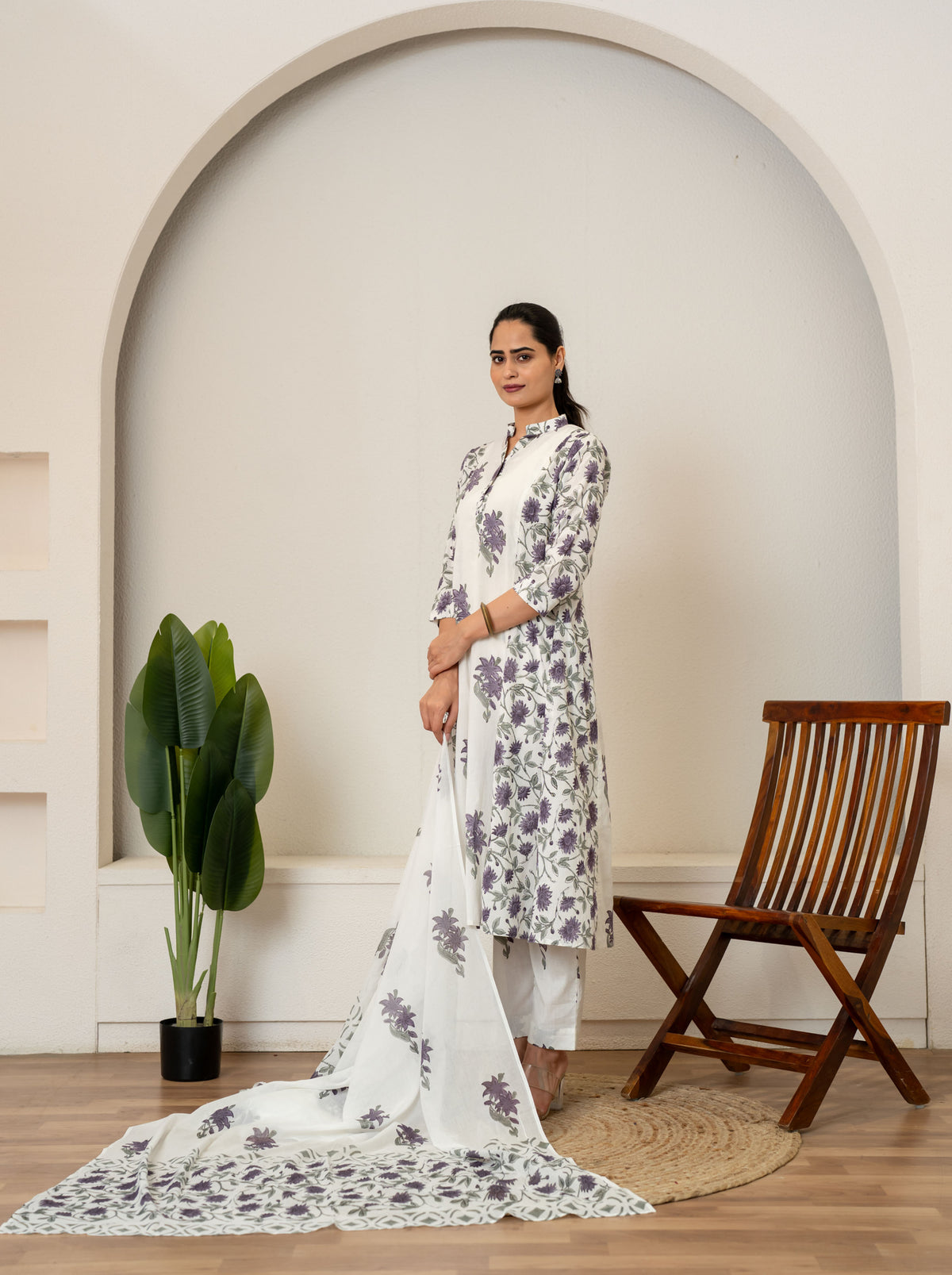 Off White Lavender Hand Block Printed Cotton Suit- Set of 3