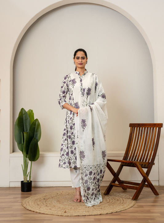 Off White Lavender Hand Block Printed Cotton Suit- Set of 3