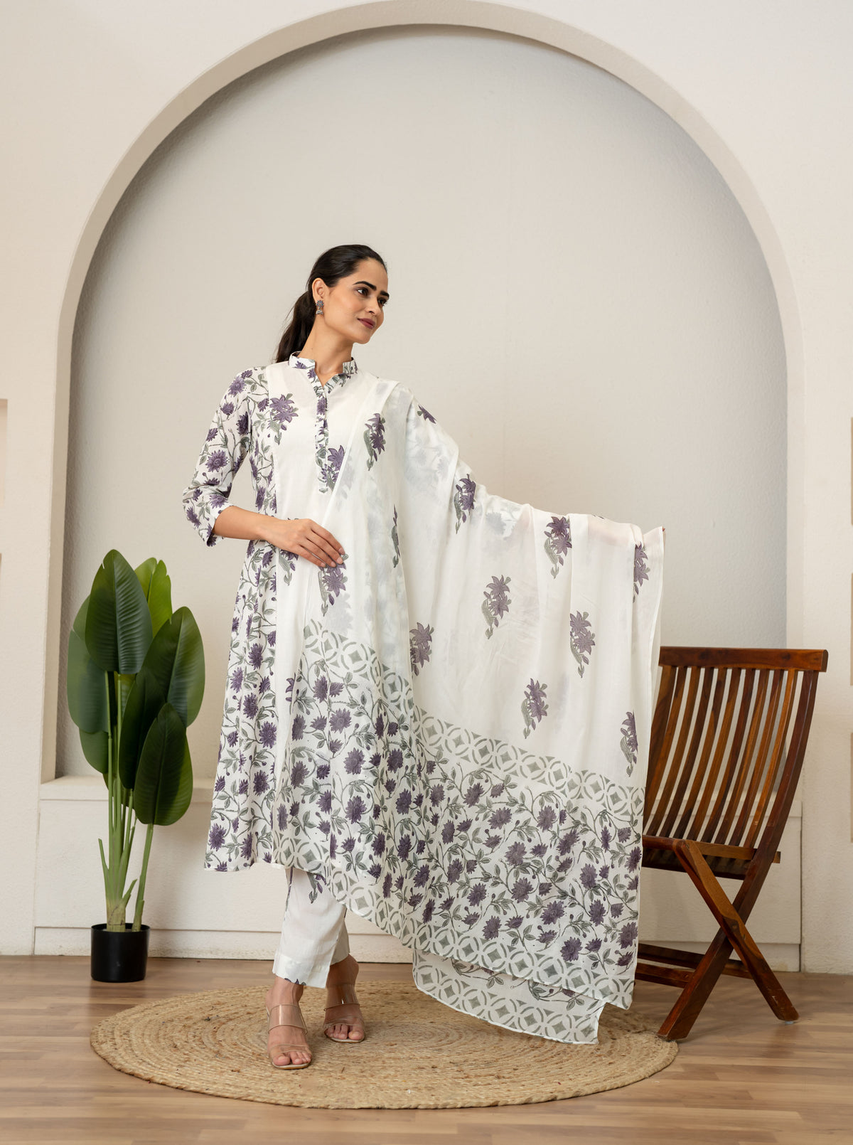 Off White Lavender Hand Block Printed Cotton Suit- Set of 3