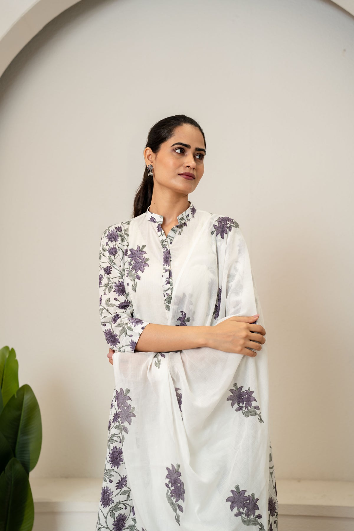 Off White Lavender Hand Block Printed Cotton Suit- Set of 3