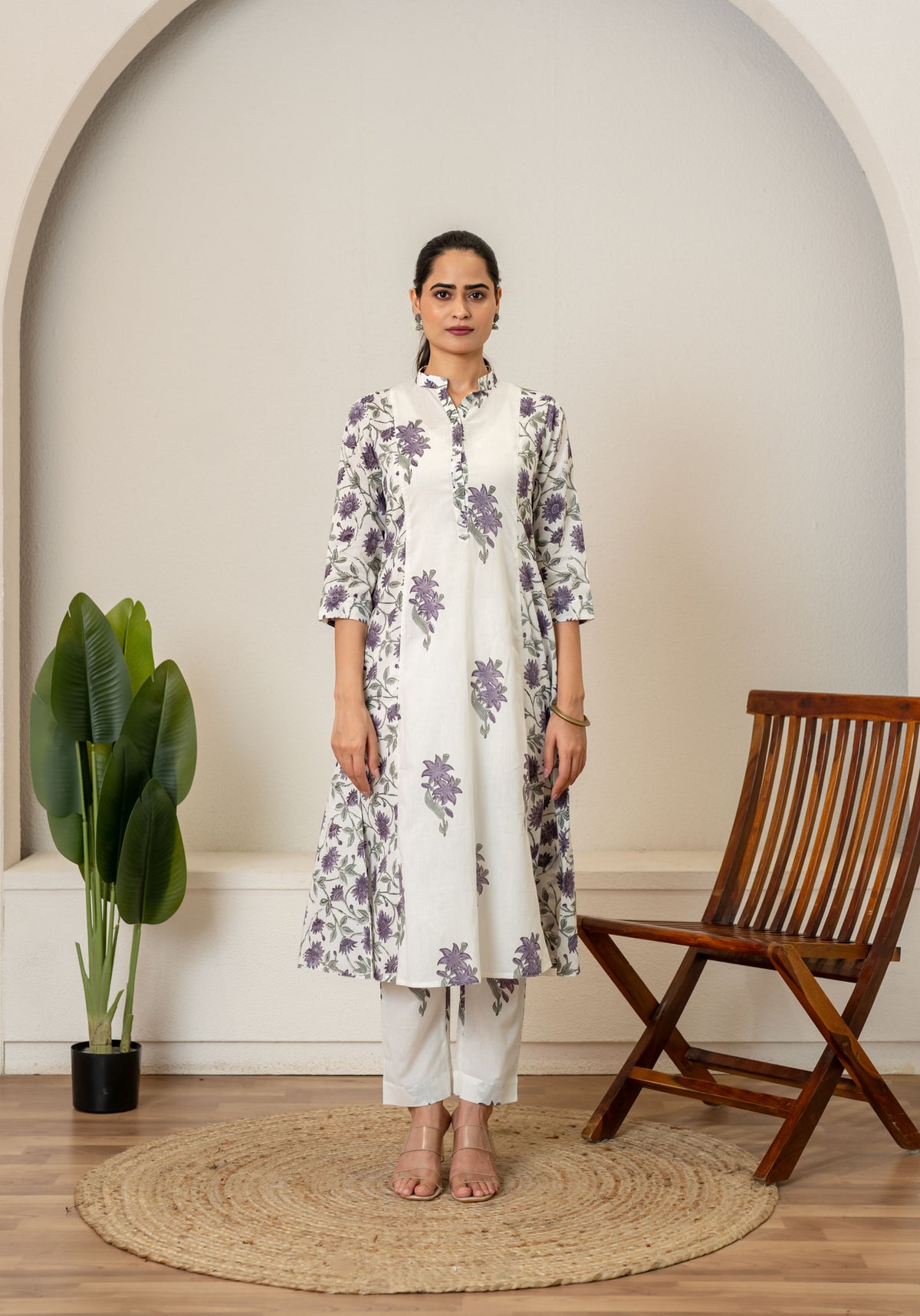 Off White Lavender Hand Block Printed Cotton Kurta with Pants- Set of 2