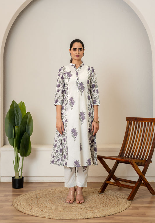 Off White Lavender Hand Block Printed Cotton Kurta with Pants- Set of 2