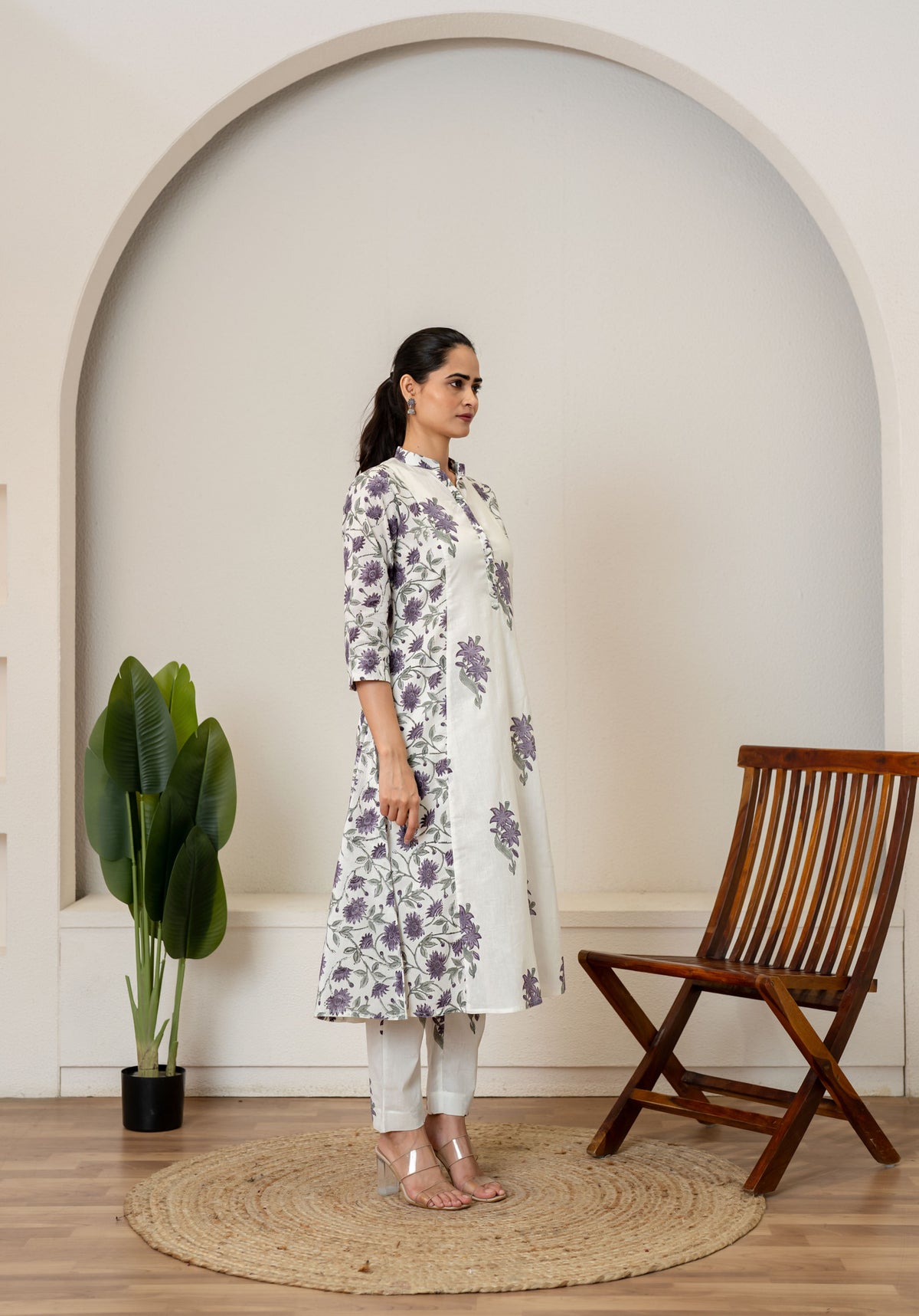 Off White Lavender Hand Block Printed Cotton Kurta with Pants- Set of 2