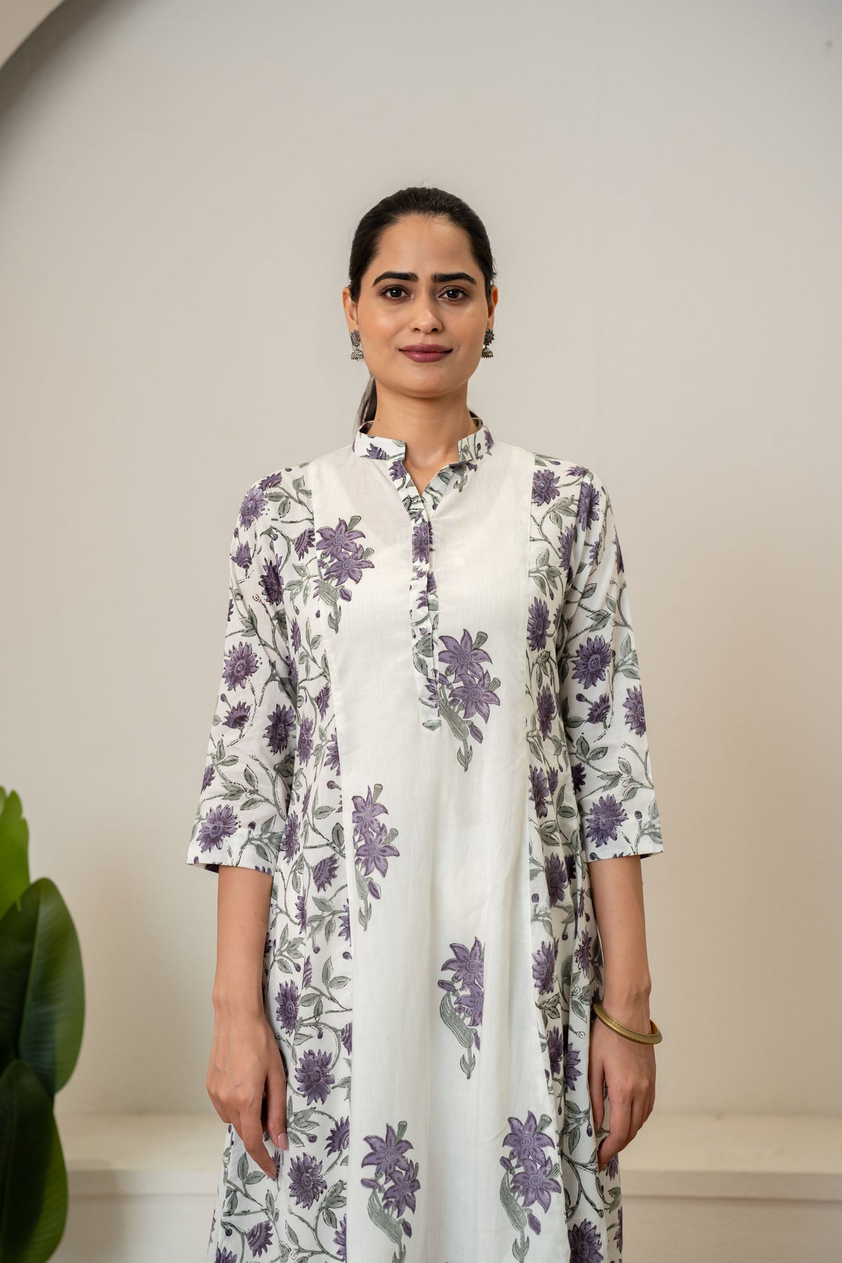 Off White Lavender Hand Block Printed Cotton Kurta with Pants- Set of 2