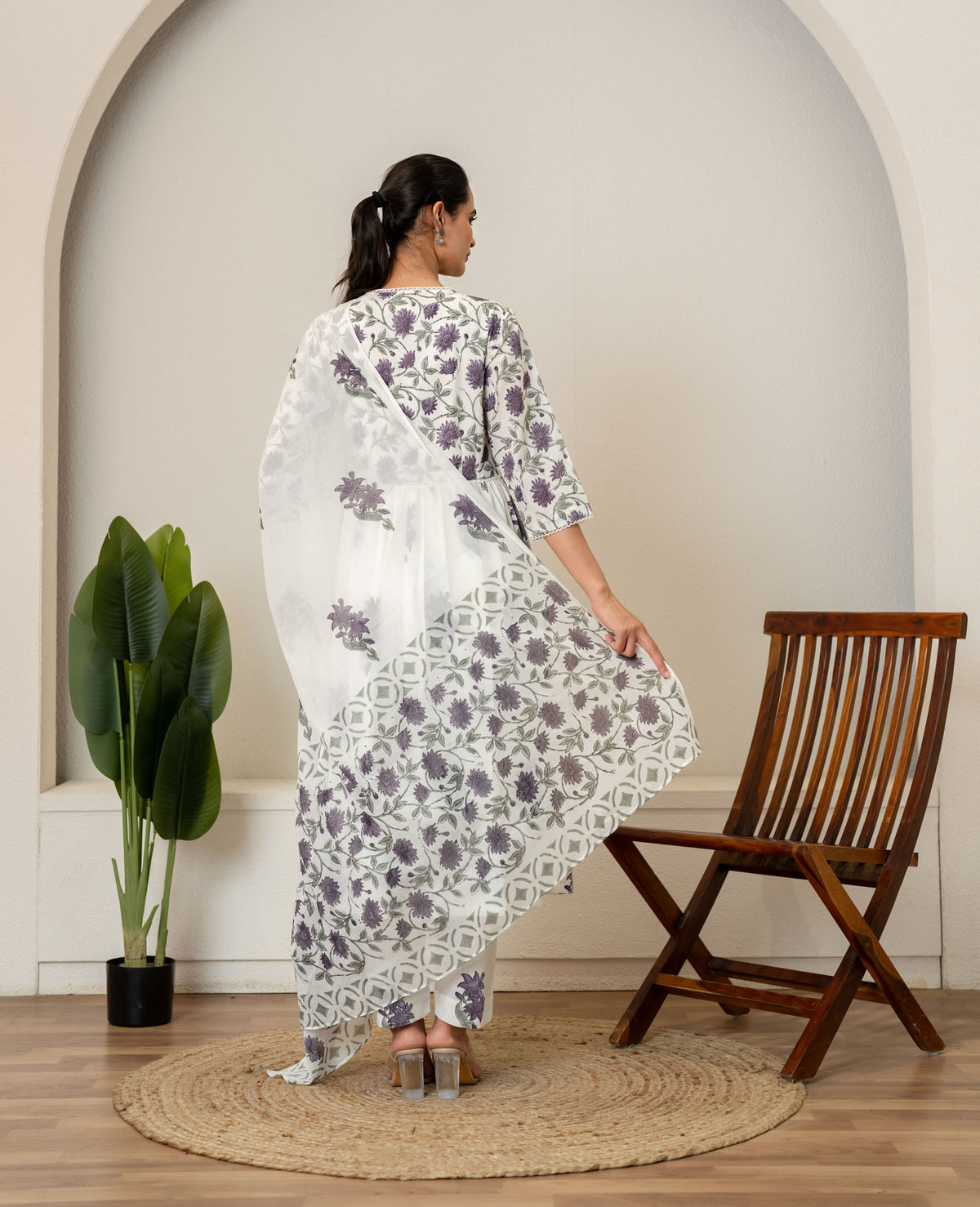 Off White Lavender Hand Block Printed Cotton Suit- Set of 3