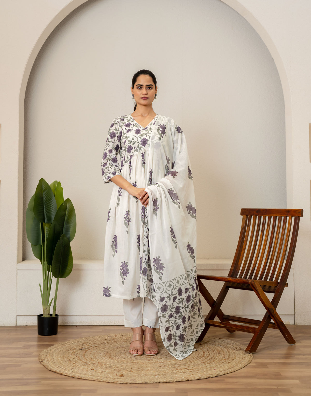 Off White Lavender Hand Block Printed Cotton Suit- Set of 3