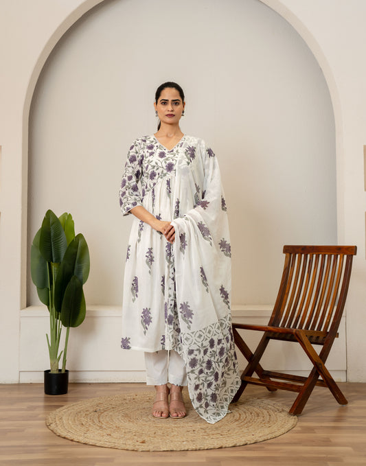 Off White Lavender Hand Block Printed Cotton Suit- Set of 3