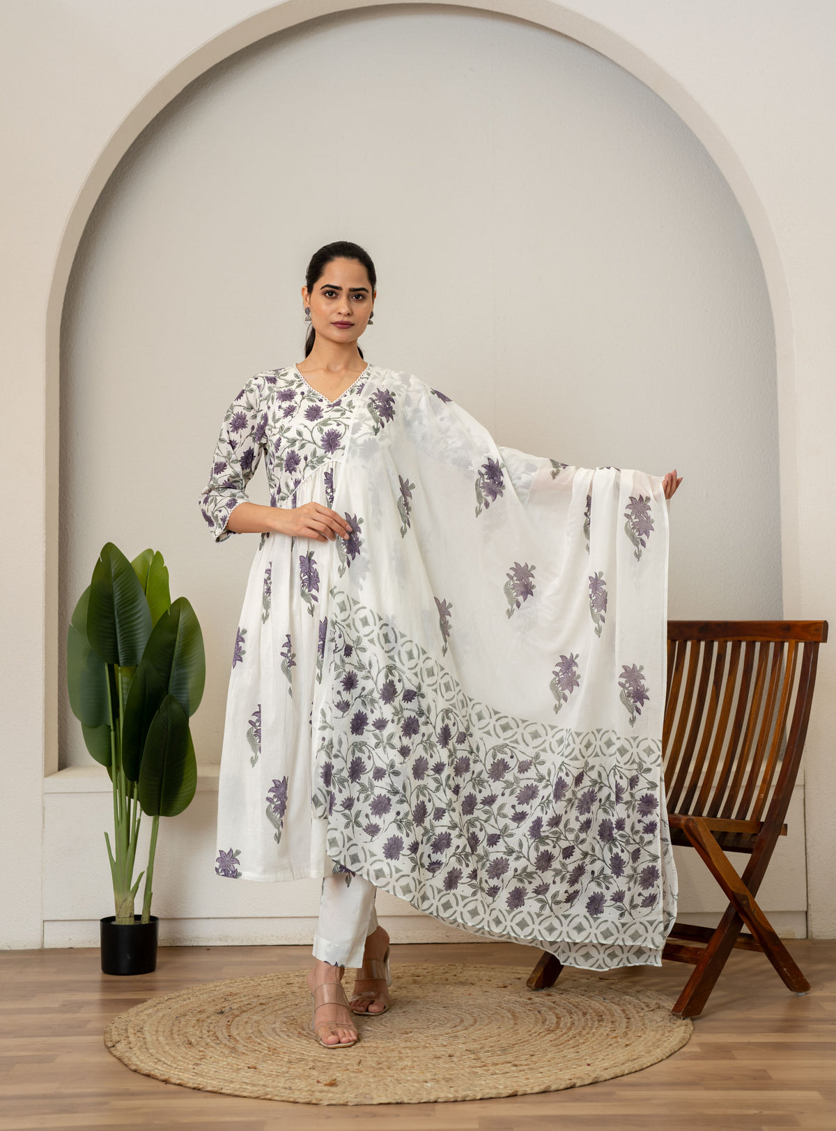 Off White Lavender Hand Block Printed Cotton Suit- Set of 3
