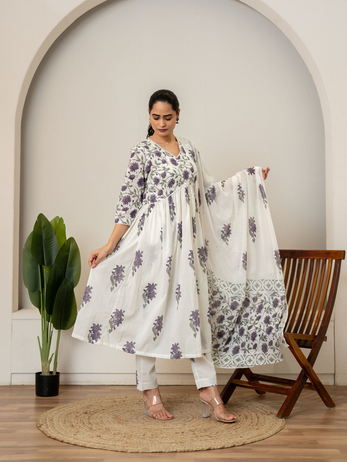 Off White Lavender Hand Block Printed Cotton Suit- Set of 3