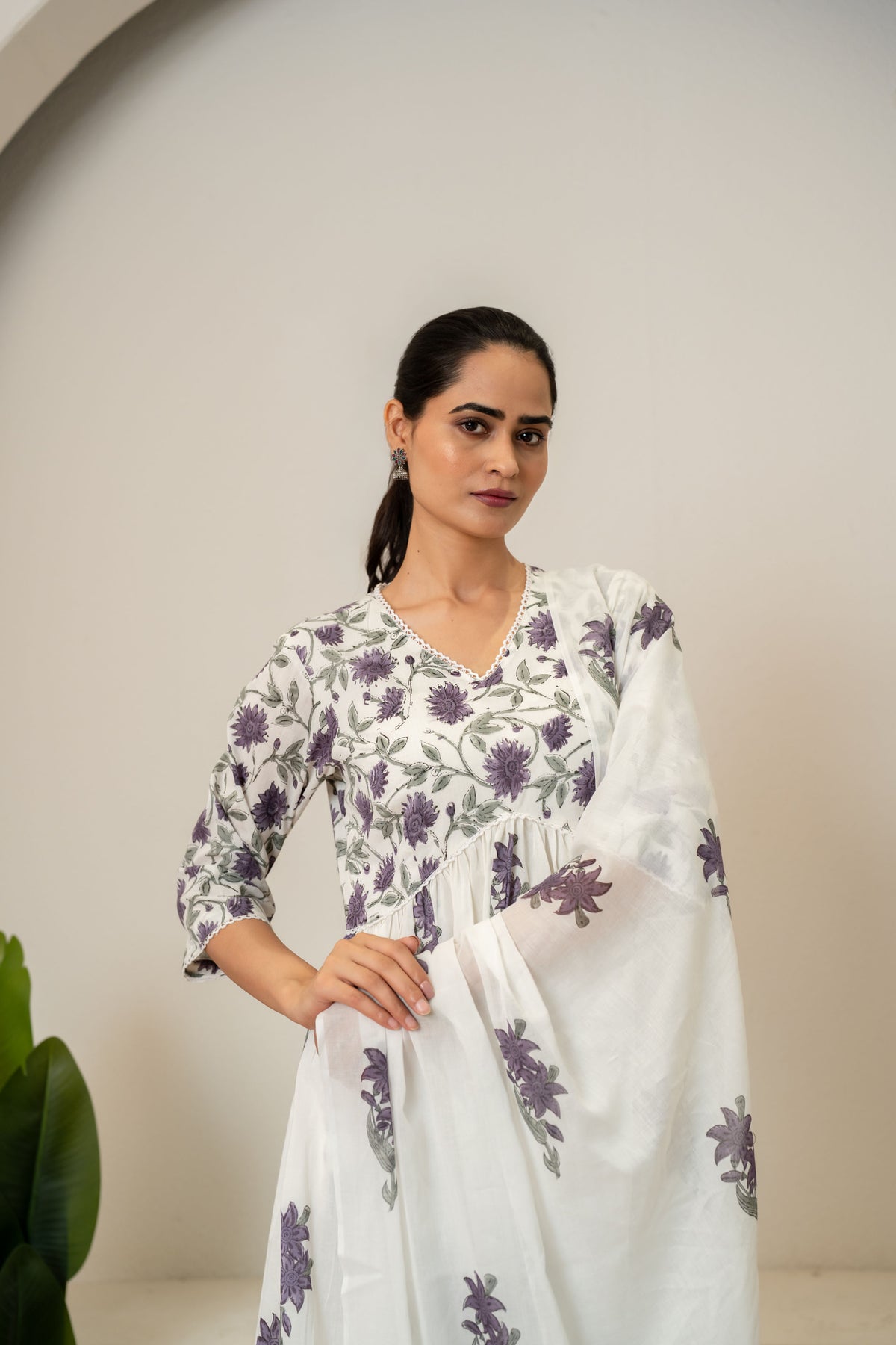 Off White Lavender Hand Block Printed Cotton Suit- Set of 3